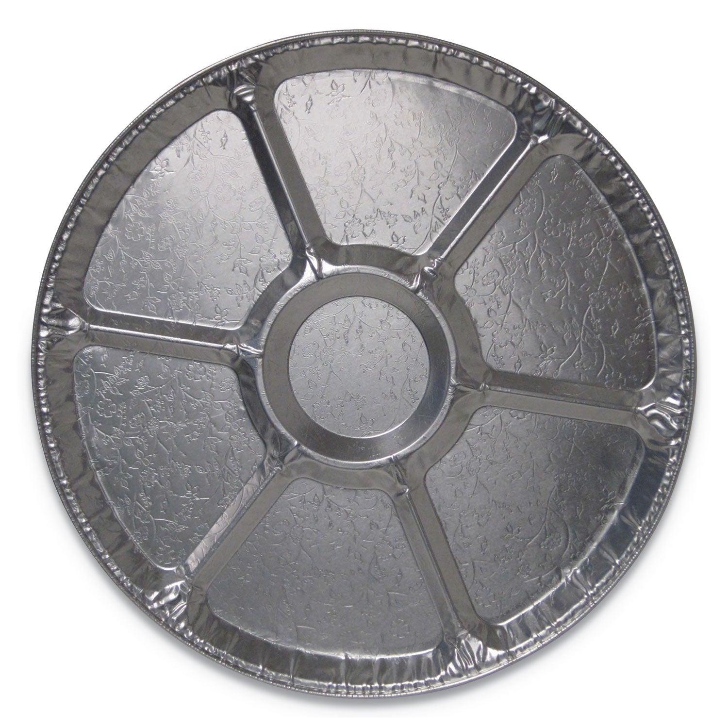 Durable Packaging Aluminum Cater Trays, 7-Compartment Lazy Susan, 16" Diameter x 0.81" h, Silver, 50/Carton - Bloom Skins