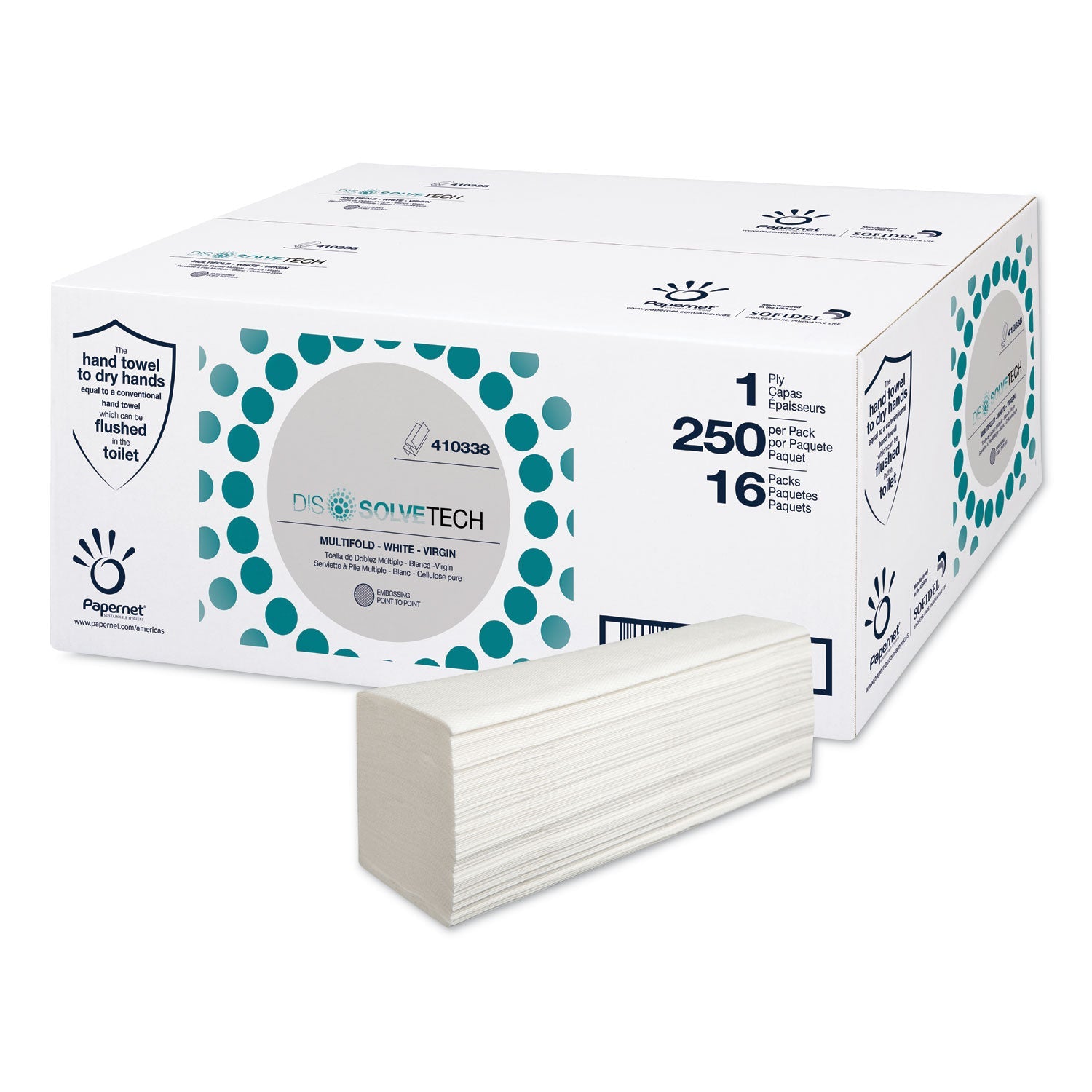 Papernet® DissolveTech Paper Towel, 1-Ply, 9.49 x 8.11, White, 250/Pack, 16 Packs/Carton