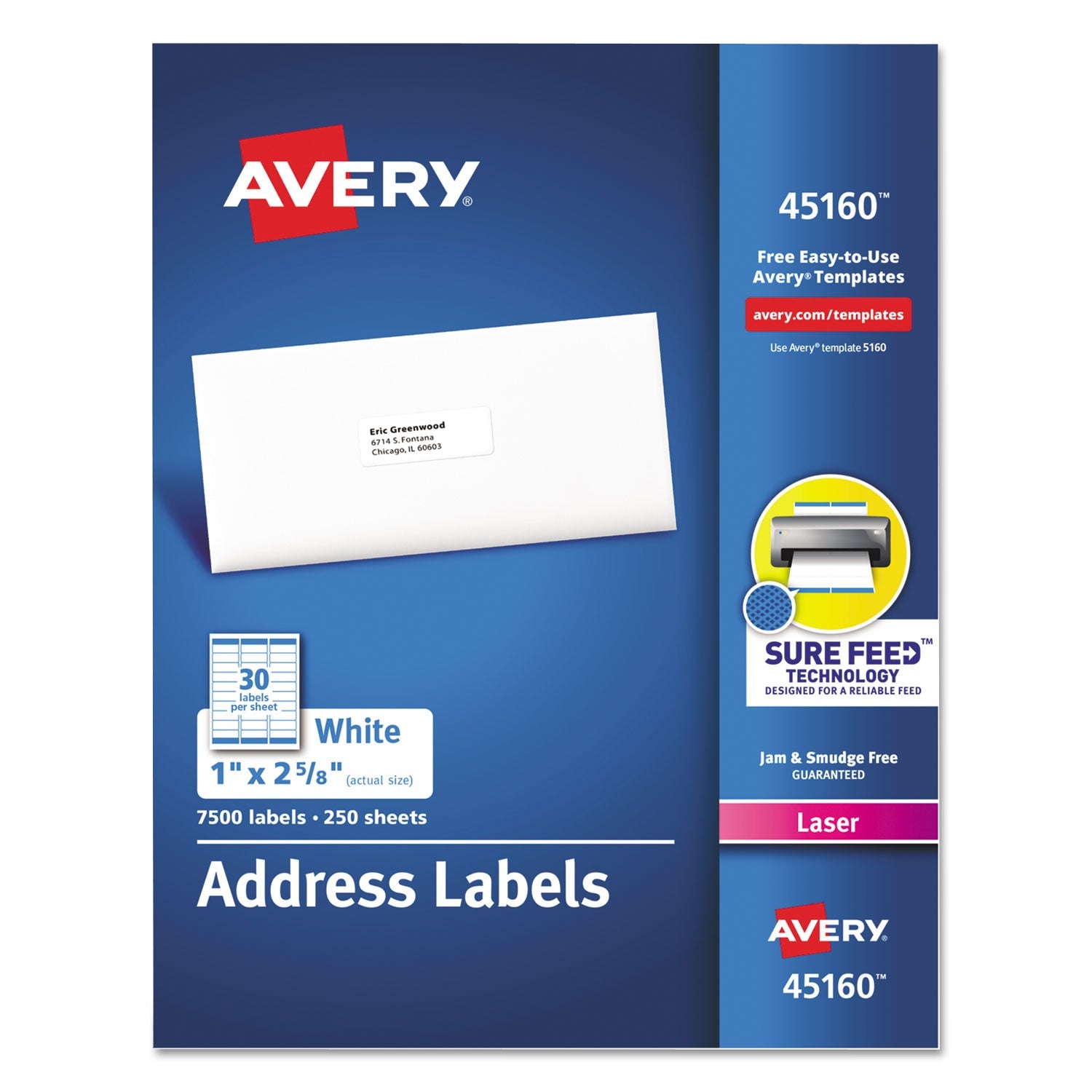 Avery® White Address Labels W/ Sure Feed Technology For Laser Printers, Laser Printers, 1 X 2.63, White, 30/sheet, 250 Sheets/box