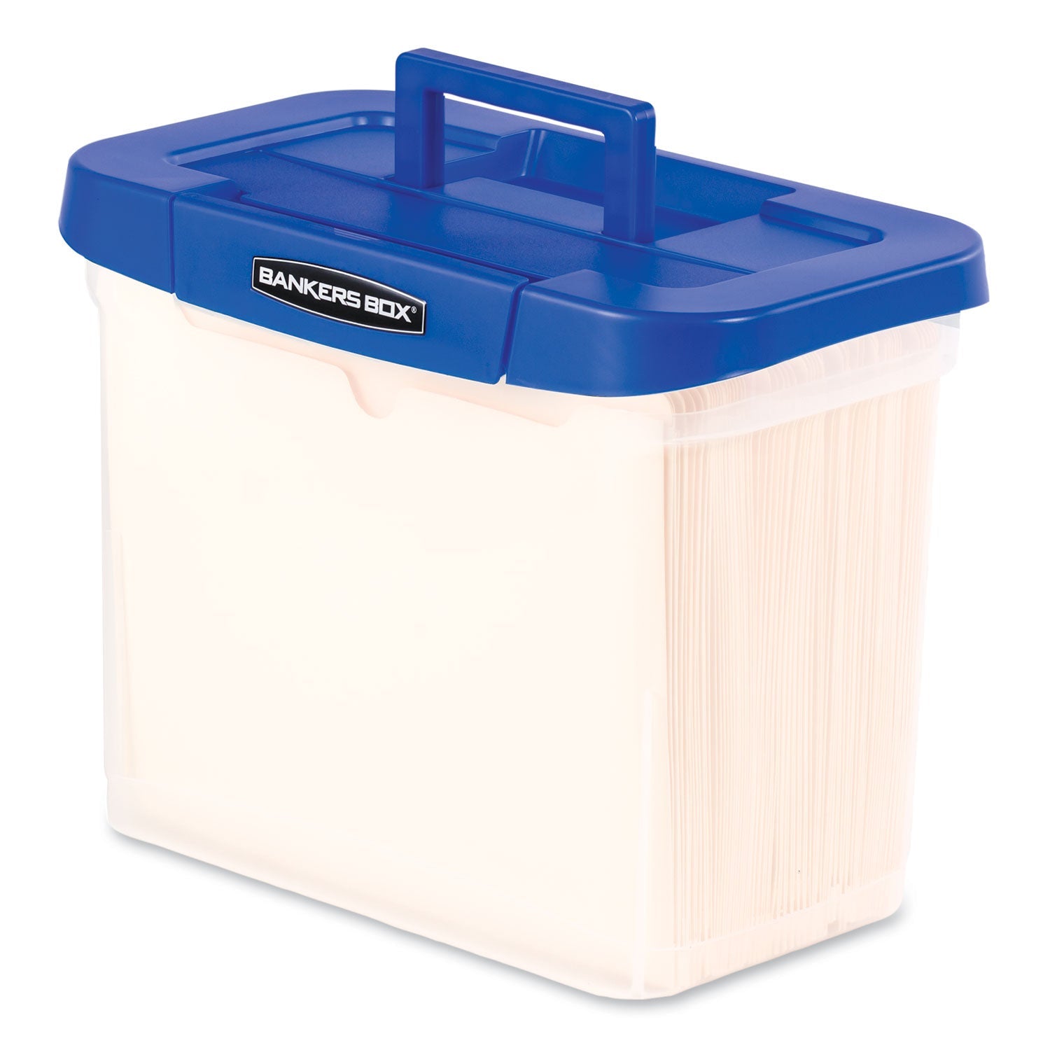 Bankers Box® Heavy-Duty Portable File Box, Letter Files, 14.25" X 8.63" X 11.06", Clear/blue