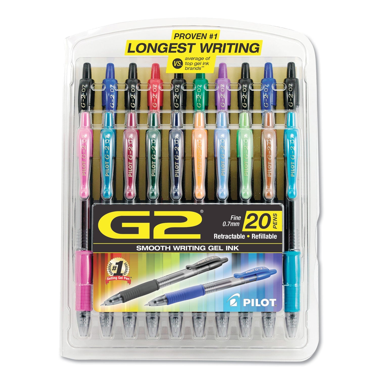 Pilot® G2 Premium Gel Pen Convenience Pack, Retractable, Fine 0.7 mm, Assorted Ink and Barrel Colors, 20/Pack