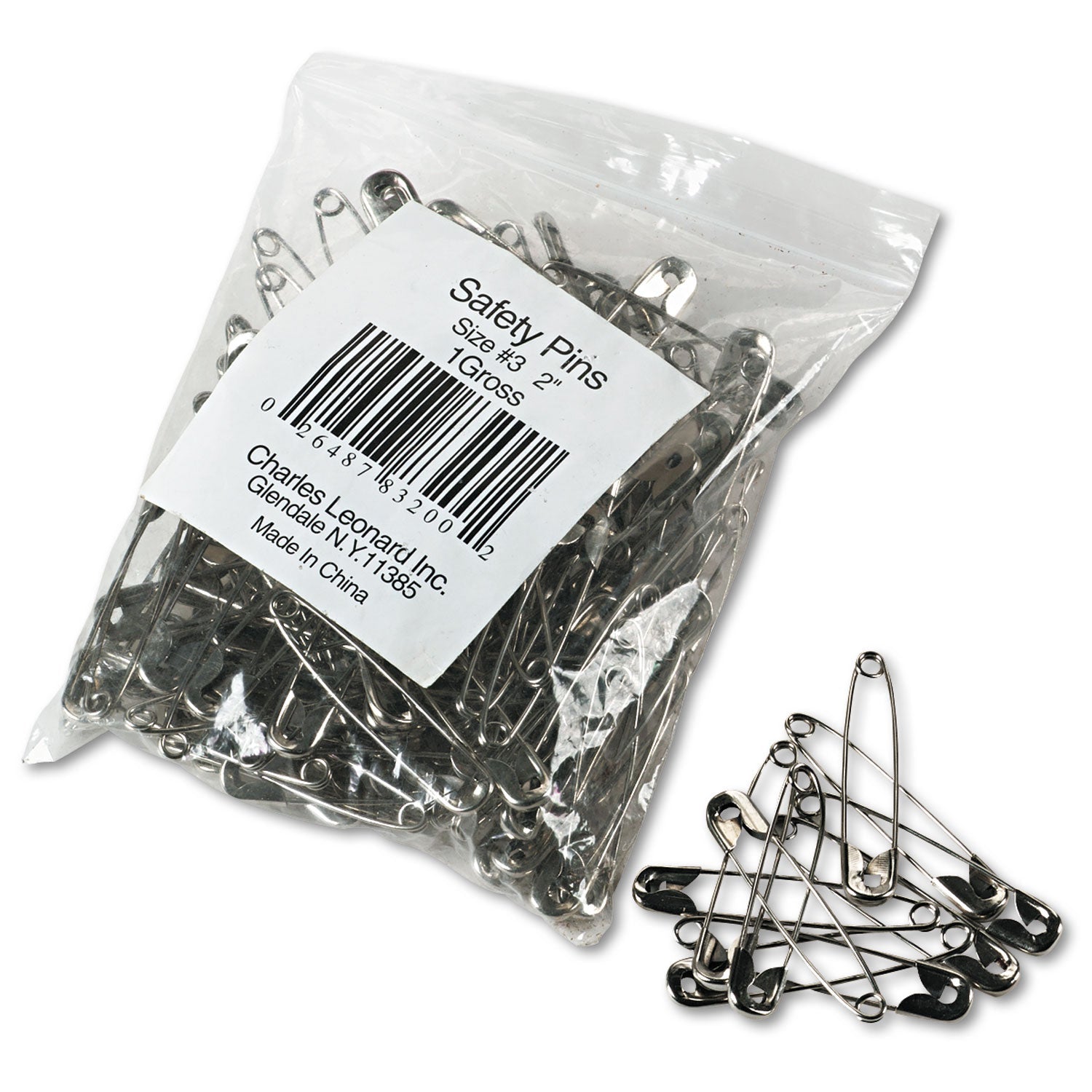 Charles Leonard® Safety Pins, Nickel-Plated, Steel, 2" Length, 144/pack