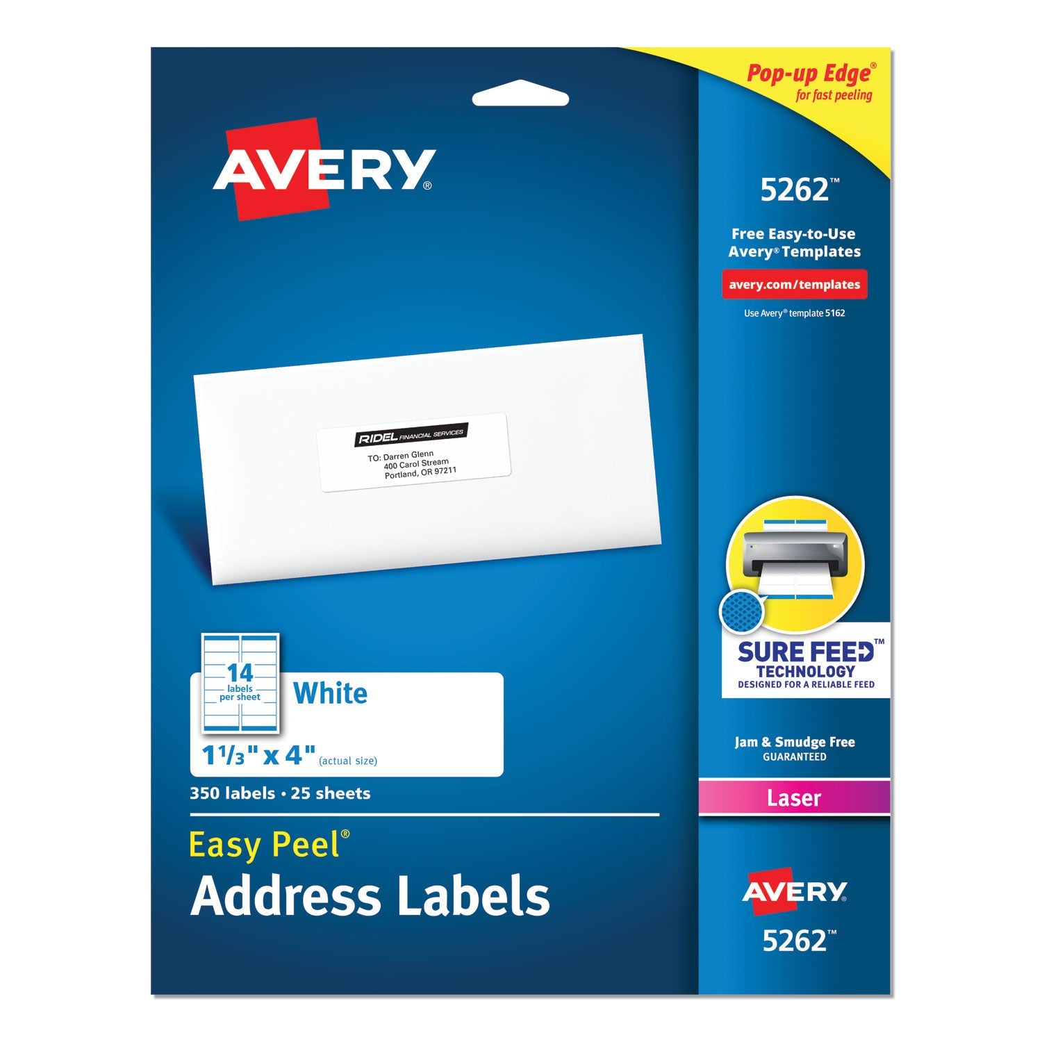 Avery® Easy Peel White Address Labels W/ Sure Feed Technology, Laser Printers, 1.33 X 4, White, 14/sheet, 25 Sheets/pack