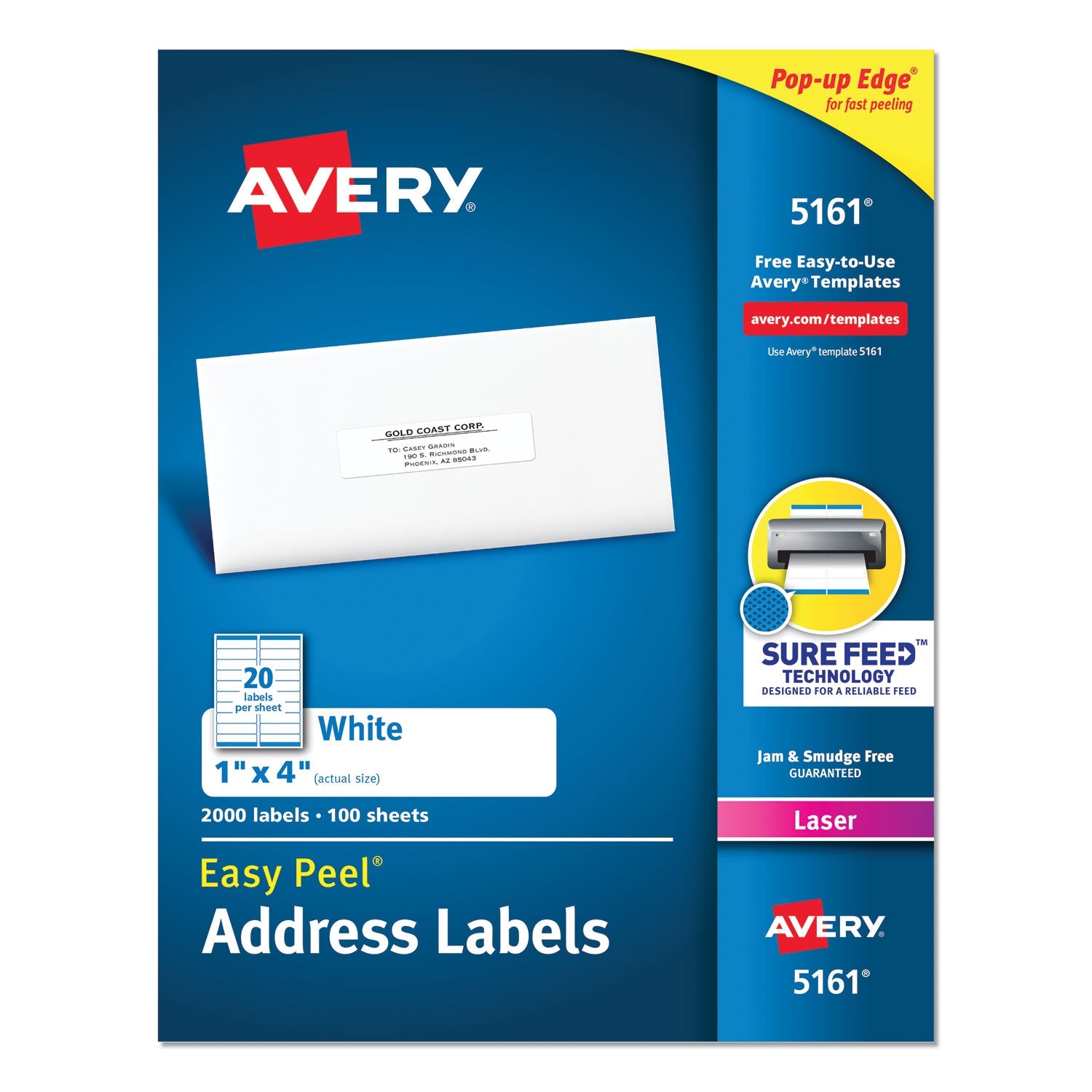 Avery® Easy Peel White Address Labels W/ Sure Feed Technology, Laser Printers, 1 X 4, White, 20/sheet, 100 Sheets/box
