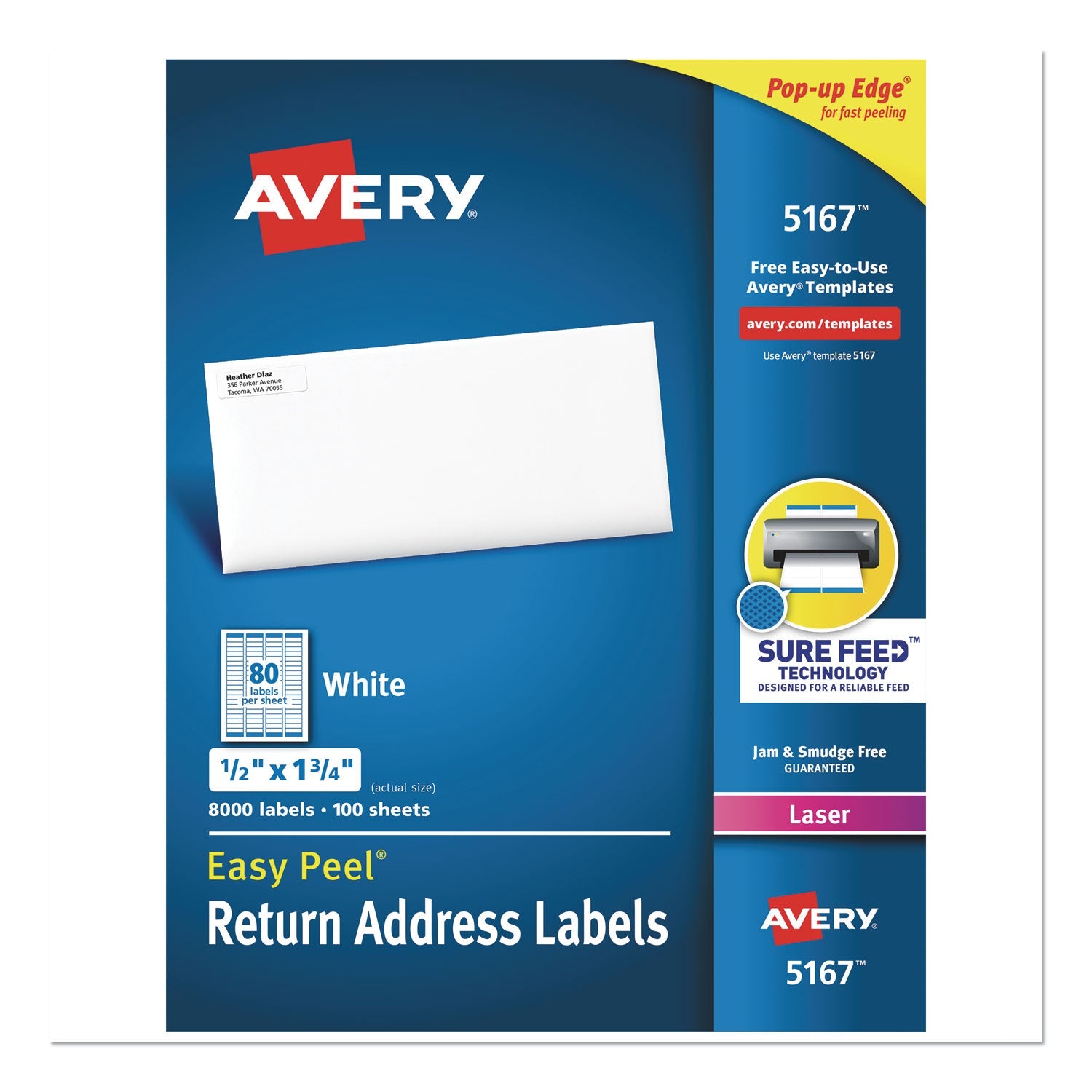 Avery® Easy Peel White Address Labels W/ Sure Feed Technology, Laser Printers, 0.5 X 1.75, White, 80/sheet, 100 Sheets/box
