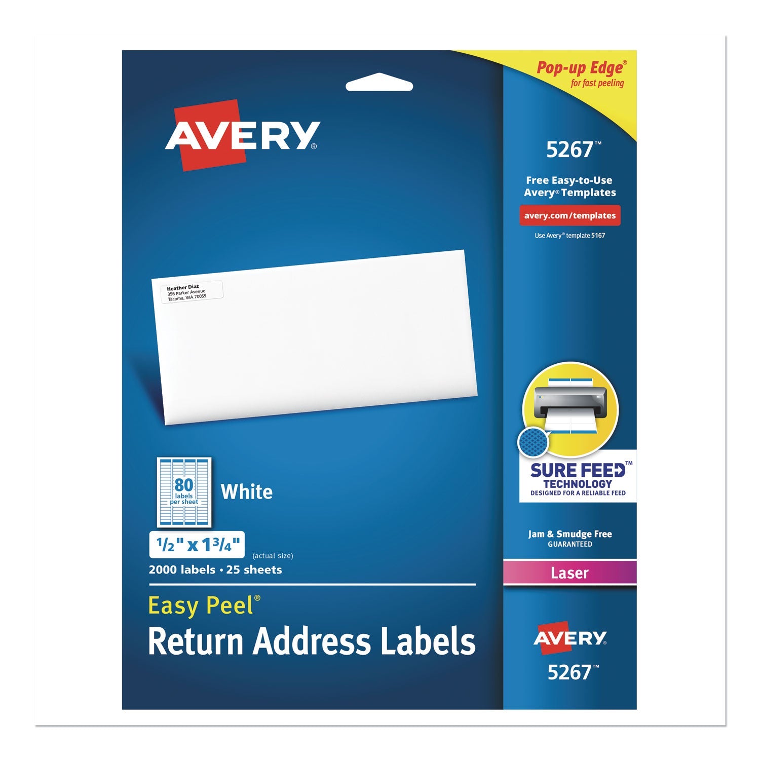 Avery® Easy Peel White Address Labels W/ Sure Feed Technology, Laser Printers, 0.5 X 1.75, White, 80/sheet, 25 Sheets/pack