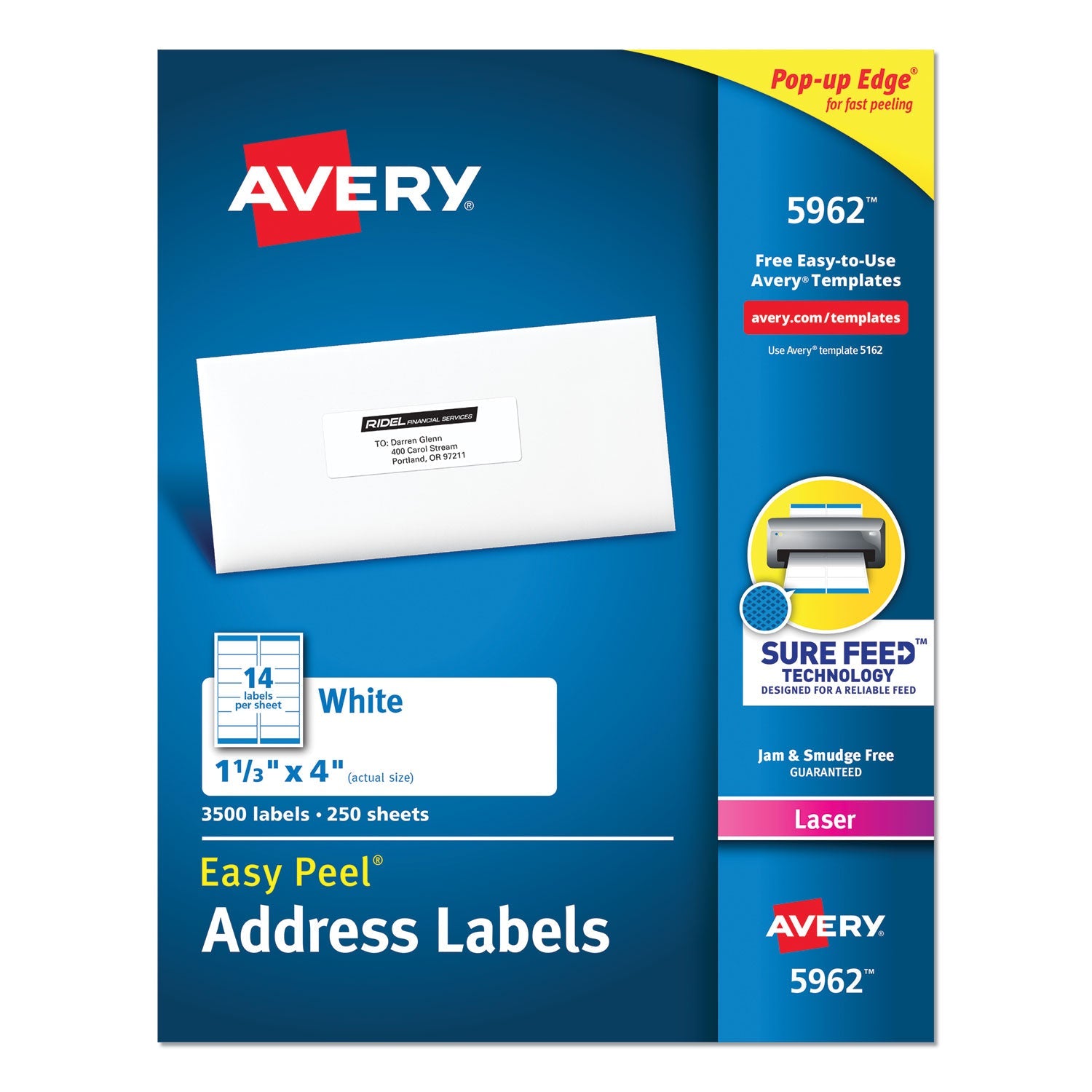 Avery® Easy Peel White Address Labels W/ Sure Feed Technology, Laser Printers, 1.33 X 4, White, 14/sheet, 250 Sheets/box