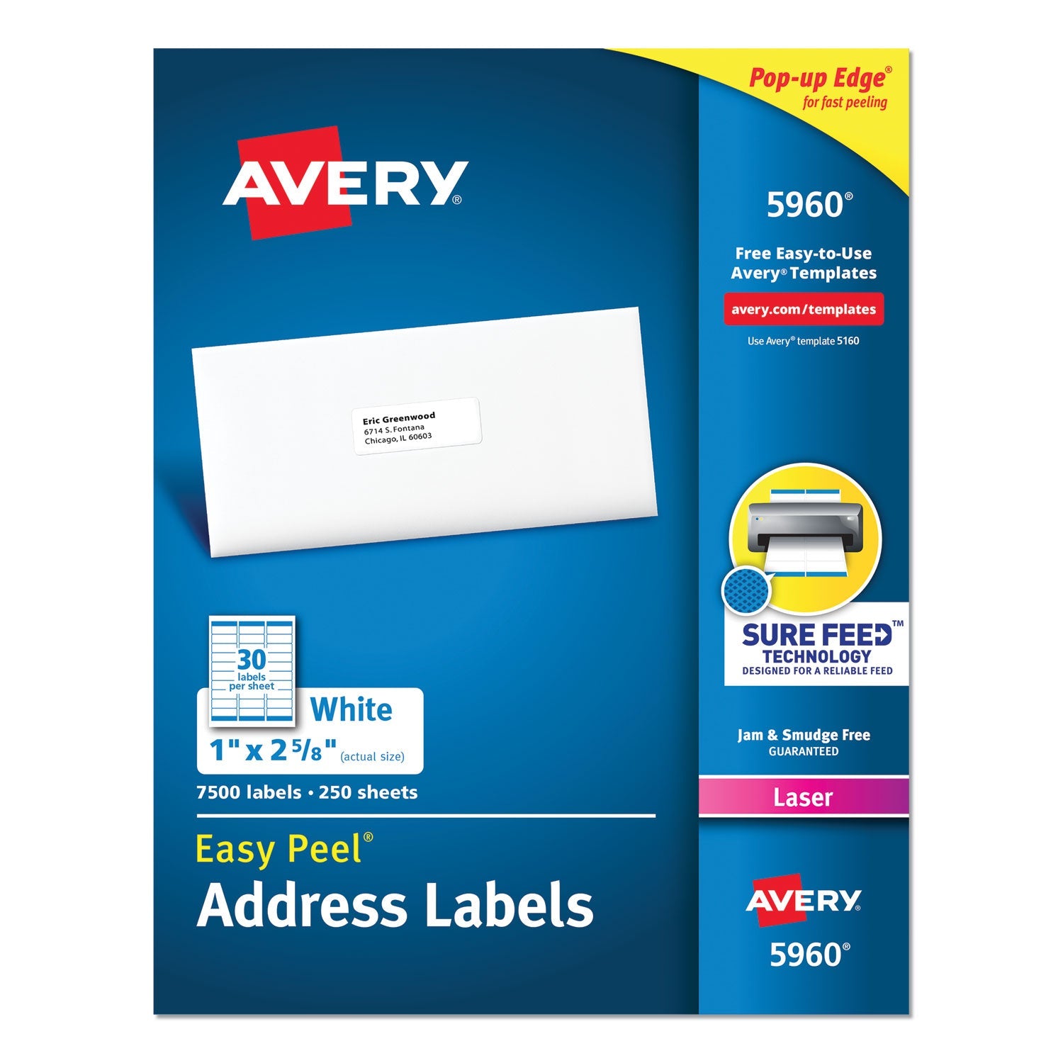 Avery® Easy Peel White Address Labels W/ Sure Feed Technology, Laser Printers, 1 X 2.63, White, 30/sheet, 250 Sheets/pack