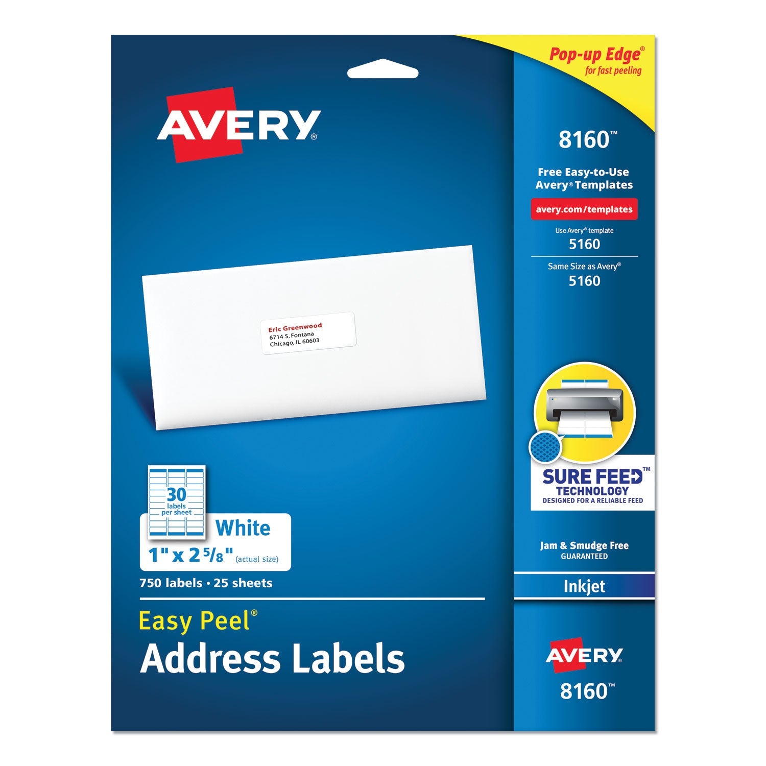 Avery® Easy Peel White Address Labels W/ Sure Feed Technology, Inkjet Printers, 1 X 2.63, White, 30/sheet, 25 Sheets/pack