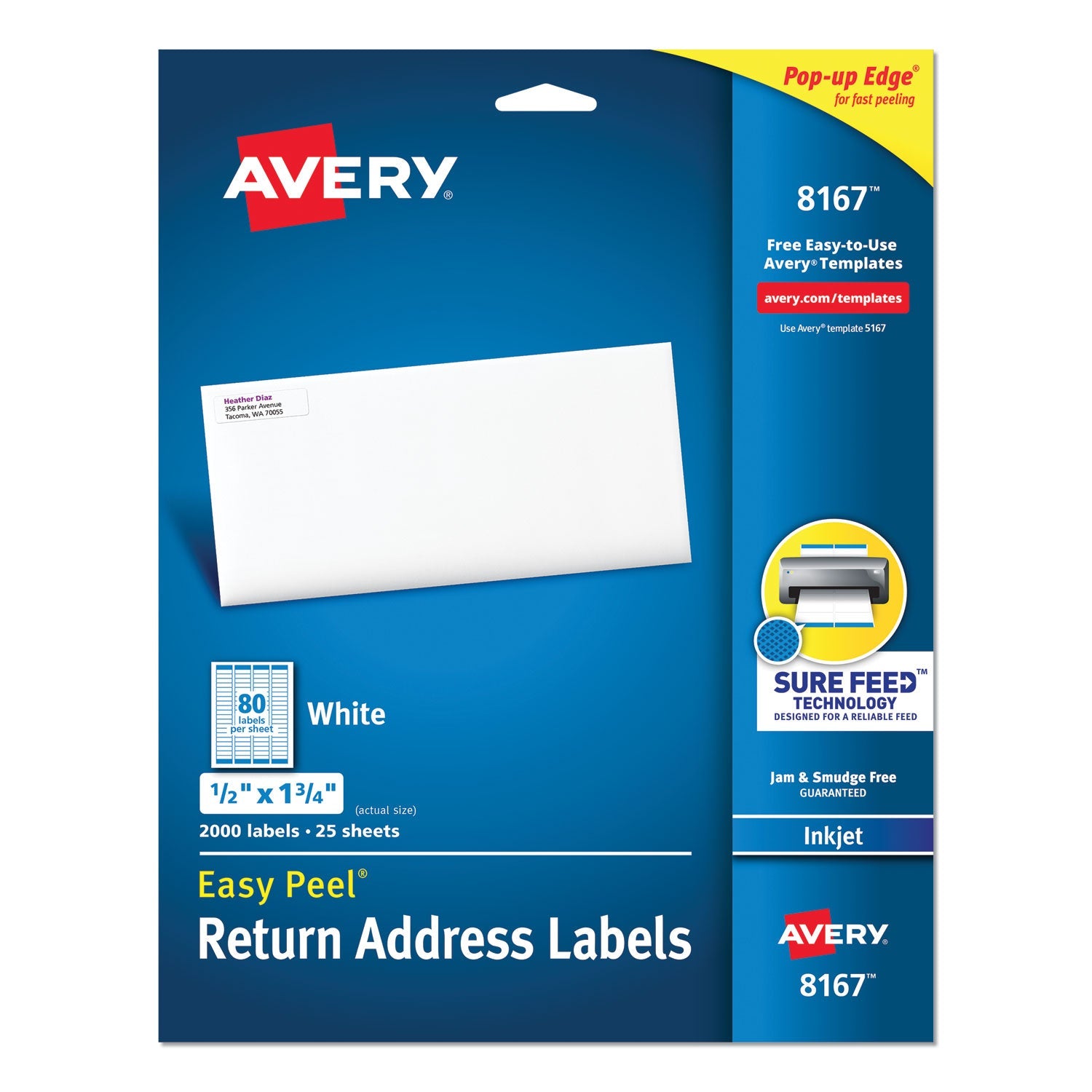 Avery® Easy Peel White Address Labels W/ Sure Feed Technology, Inkjet Printers, 0.5 X 1.75, White, 80/sheet, 25 Sheets/pack
