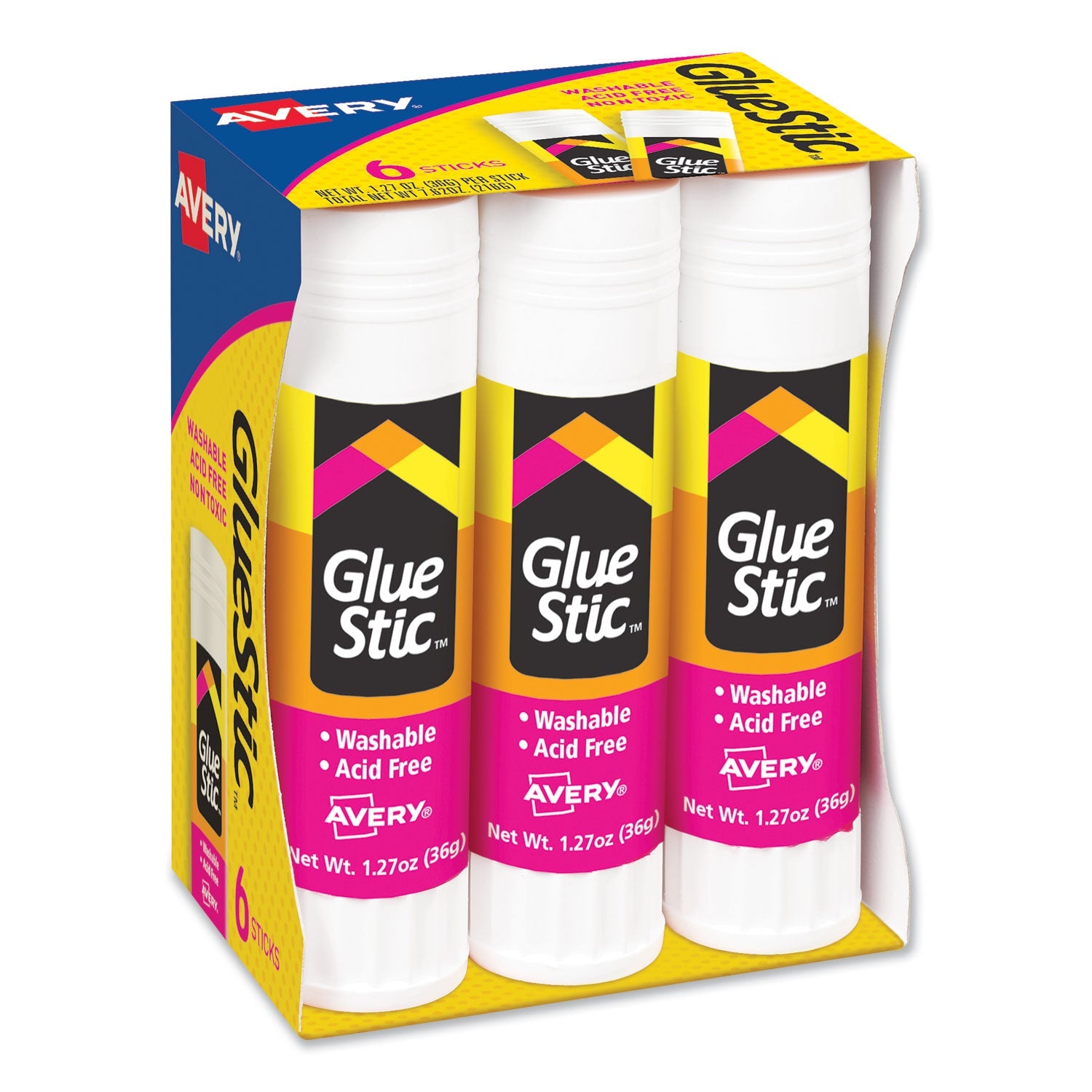 Avery® Permanent Glue Stic Value Pack, 1.27 Oz, Applies White, Dries Clear, 6/pack