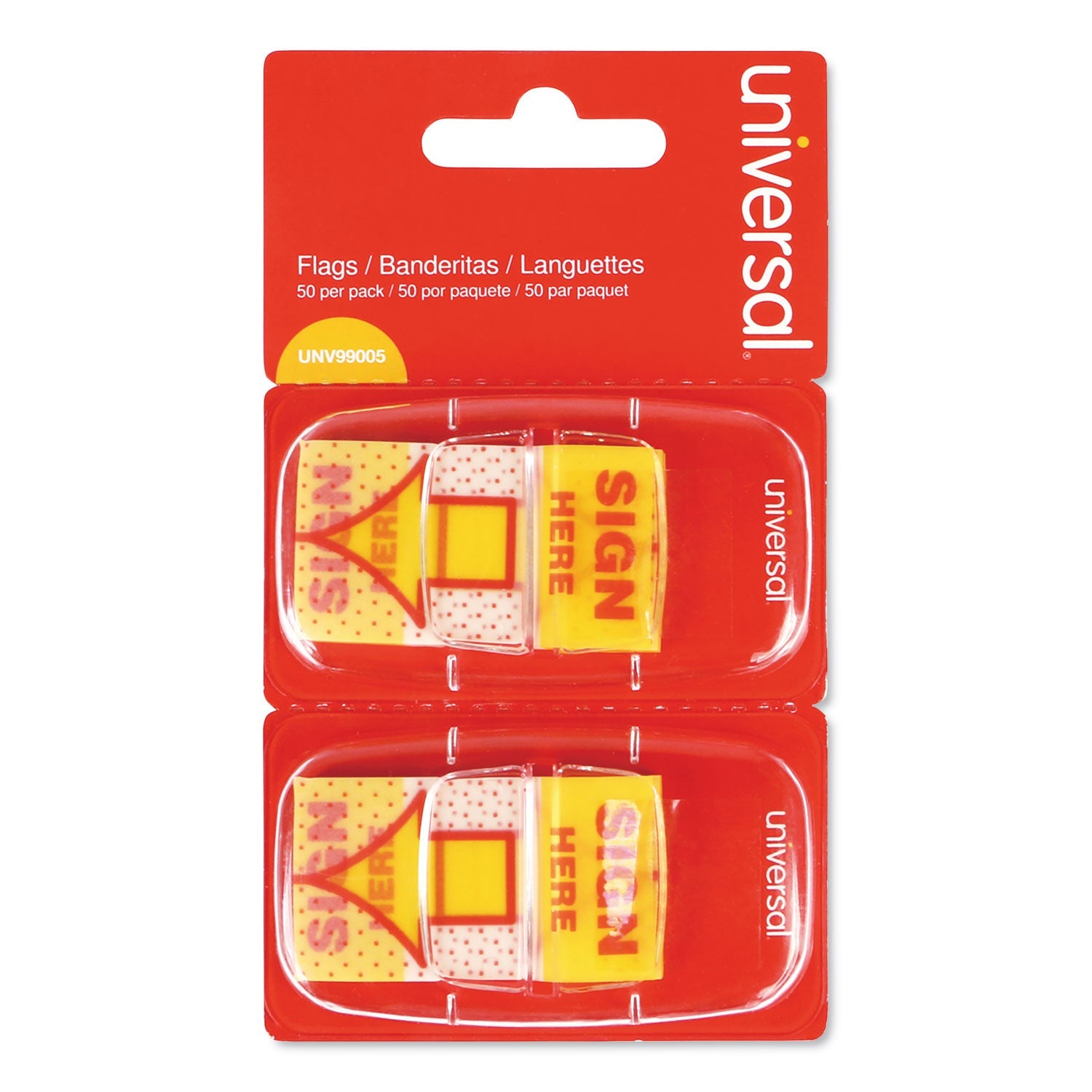 Universal® Arrow Page Flags, "Sign Here", Yellow/Red, 50 Flags/Dispenser, 2 Dispensers/Pack