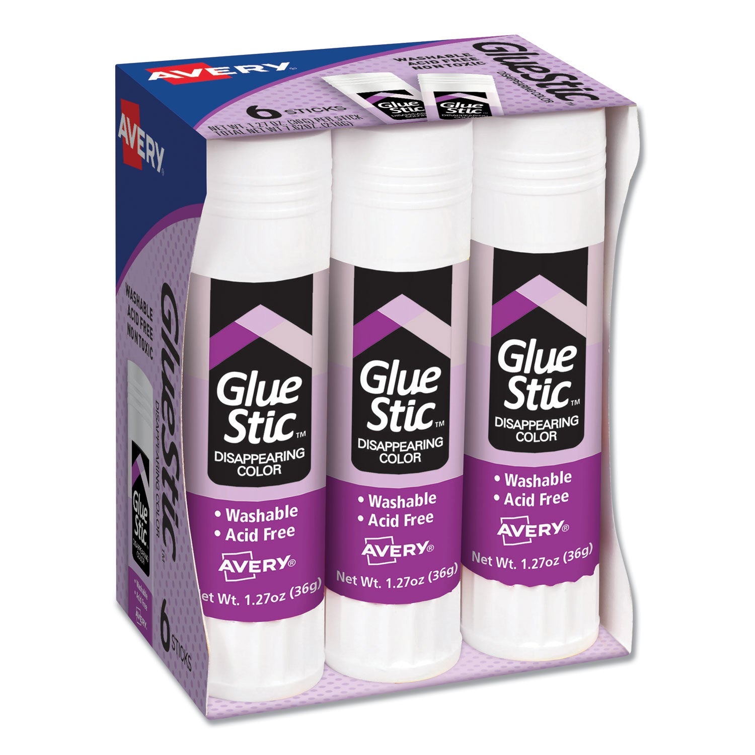 Avery® Permanent Glue Stic Value Pack, 1.27 Oz, Applies Purple, Dries Clear, 6/pack