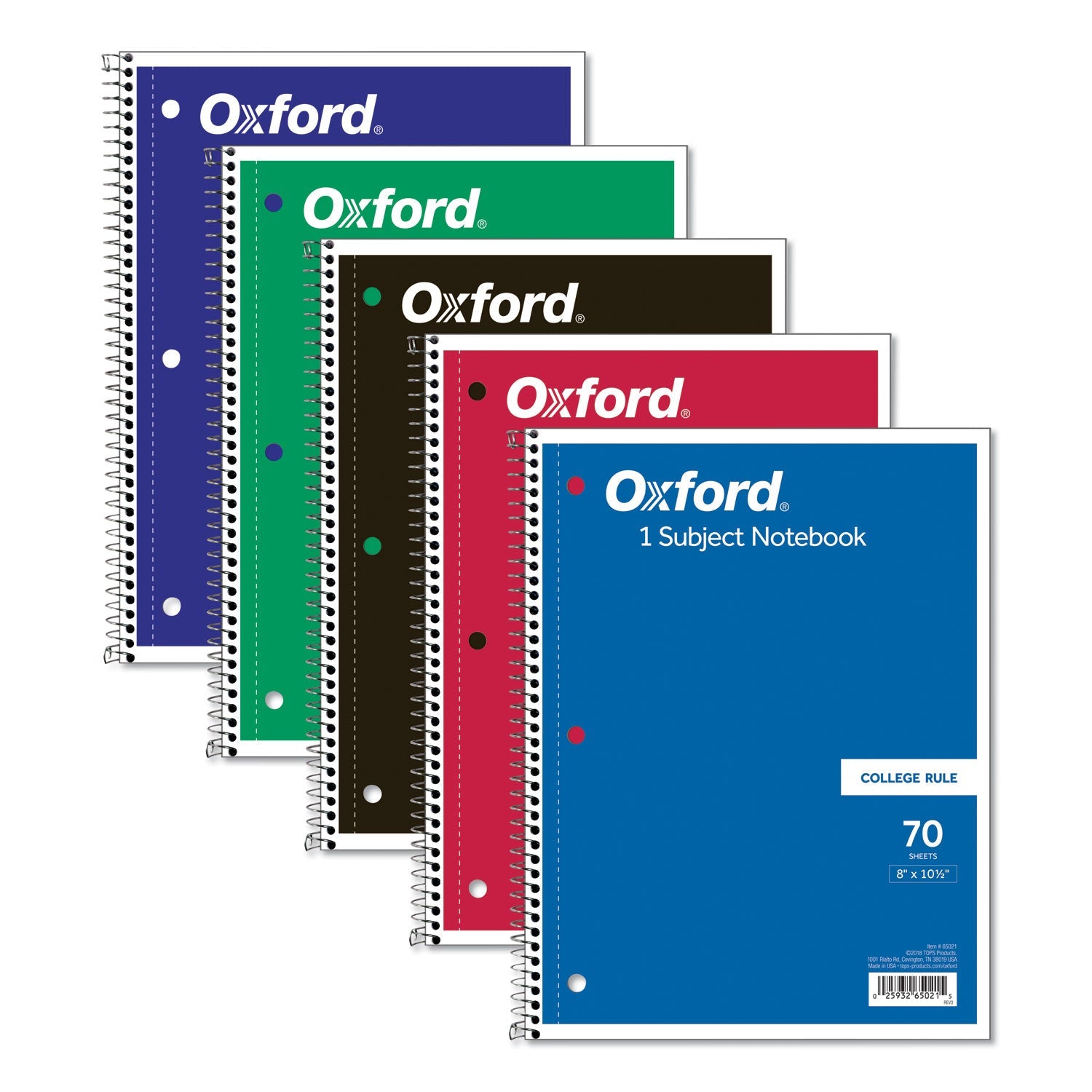 Oxford™ Coil-Lock Wirebound Notebooks, 3-Hole Punched, 1-Subject, Medium/College Rule, Randomly Assorted Covers, (70) 10.5 x 8 Sheets