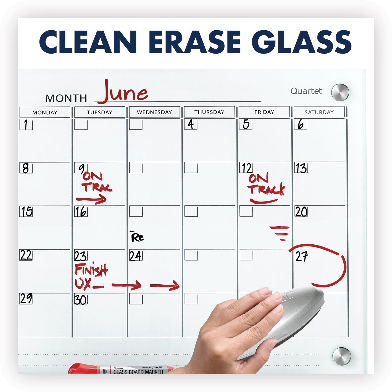 Quartet® Infinity Magnetic Glass Calendar Board, Monthly Planning/Scheduling, 24" x 18", White Surface