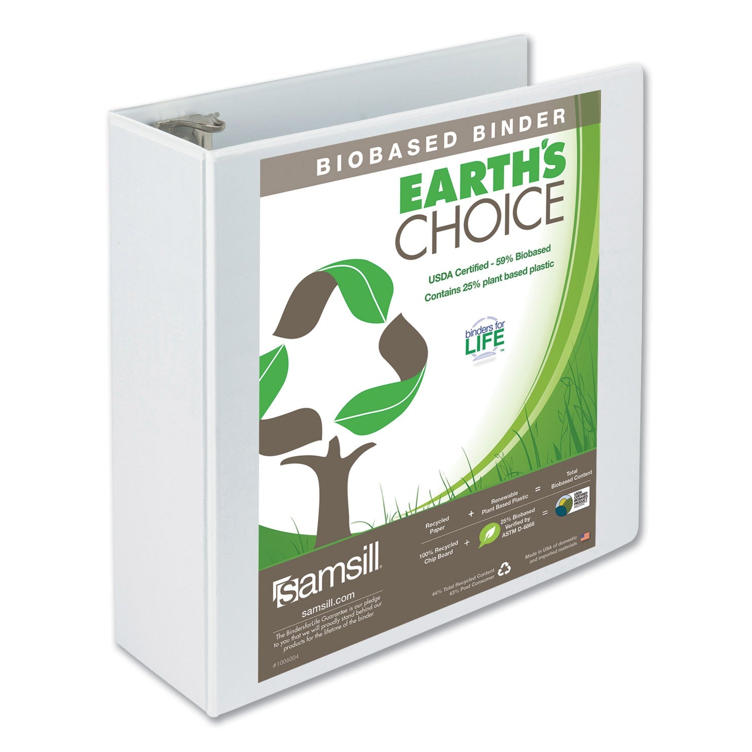 Samsill® Earth's Choice Plant-Based Round Ring View Binder, 3 Rings, 4" Capacity, 11 x 8.5, White
