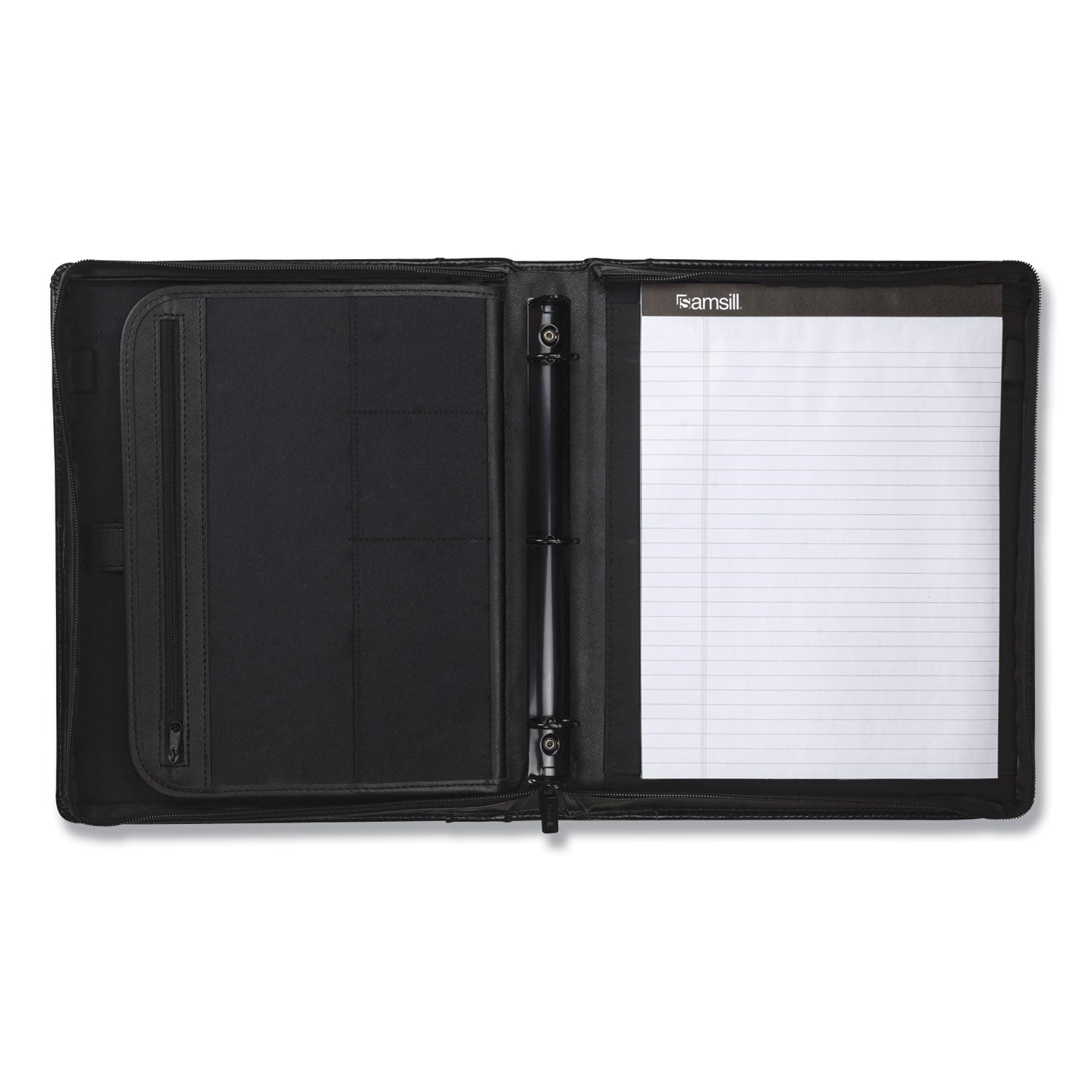 Samsill® Leather Multi-Ring Zippered Portfolio, Two-Part, 1" Cap, 11 X 13 1/2, Black