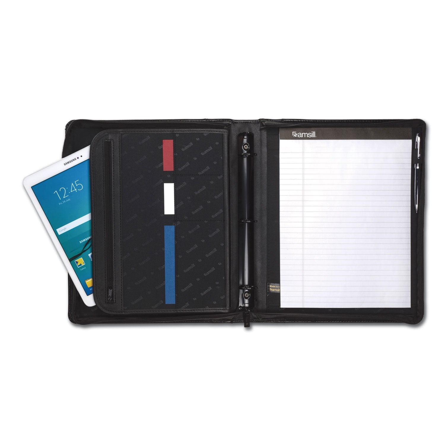 Samsill® Leather Multi-Ring Zippered Portfolio, Two-Part, 1" Cap, 11 X 13 1/2, Black