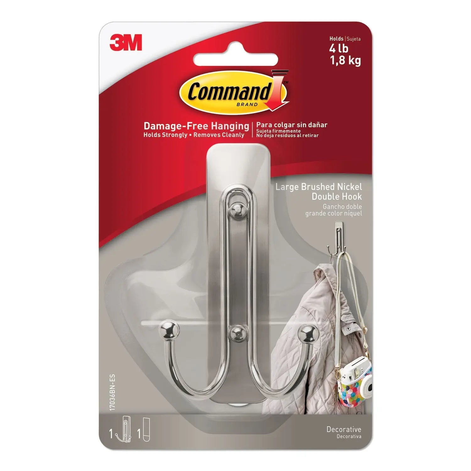 Command™ Adhesive Mount Metal Hook, Large, Double Hook, Brushed Nickel Finish, 4 lb Capacity, 1 Hook and 2 Strips