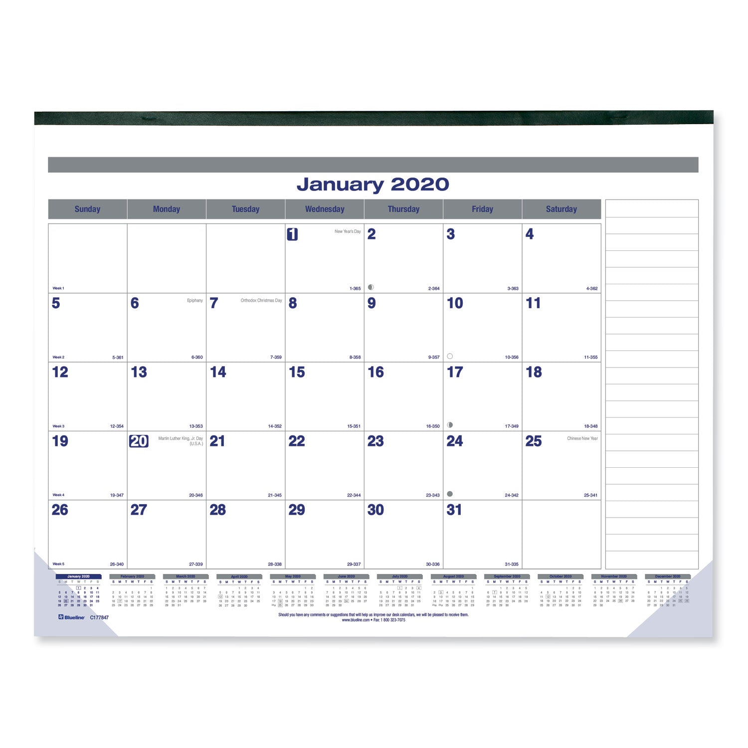 Blueline® Net Zero Carbon Monthly Desk Pad Calendar, 22 x 17, White/Gray/Blue Sheets, Black Binding, 12-Month (Jan to Dec): 2025 - Bloom Skins
