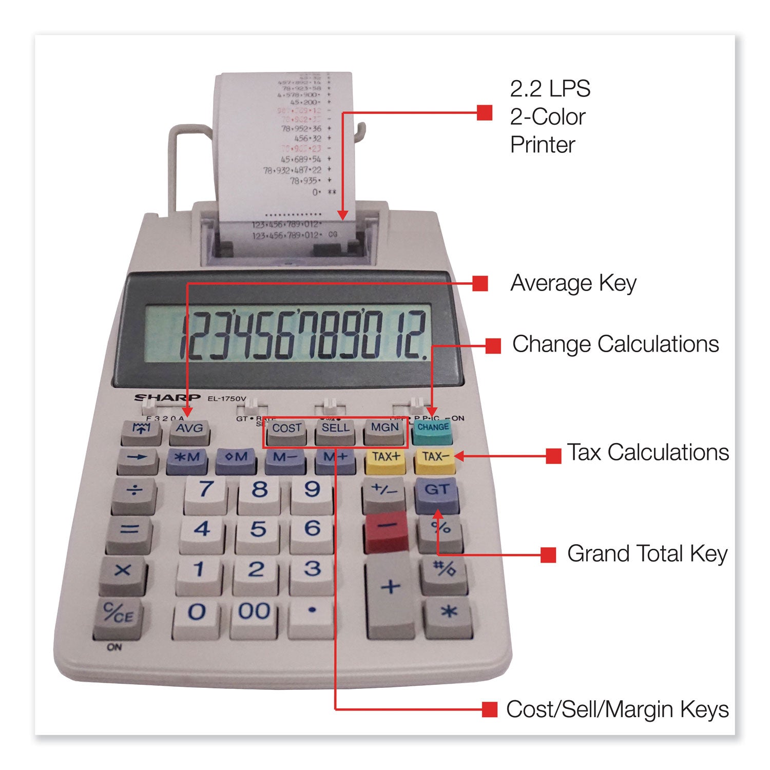 Sharp® El-1750v Two-Color Printing Calculator, Black/red Print, 2 Lines/sec
