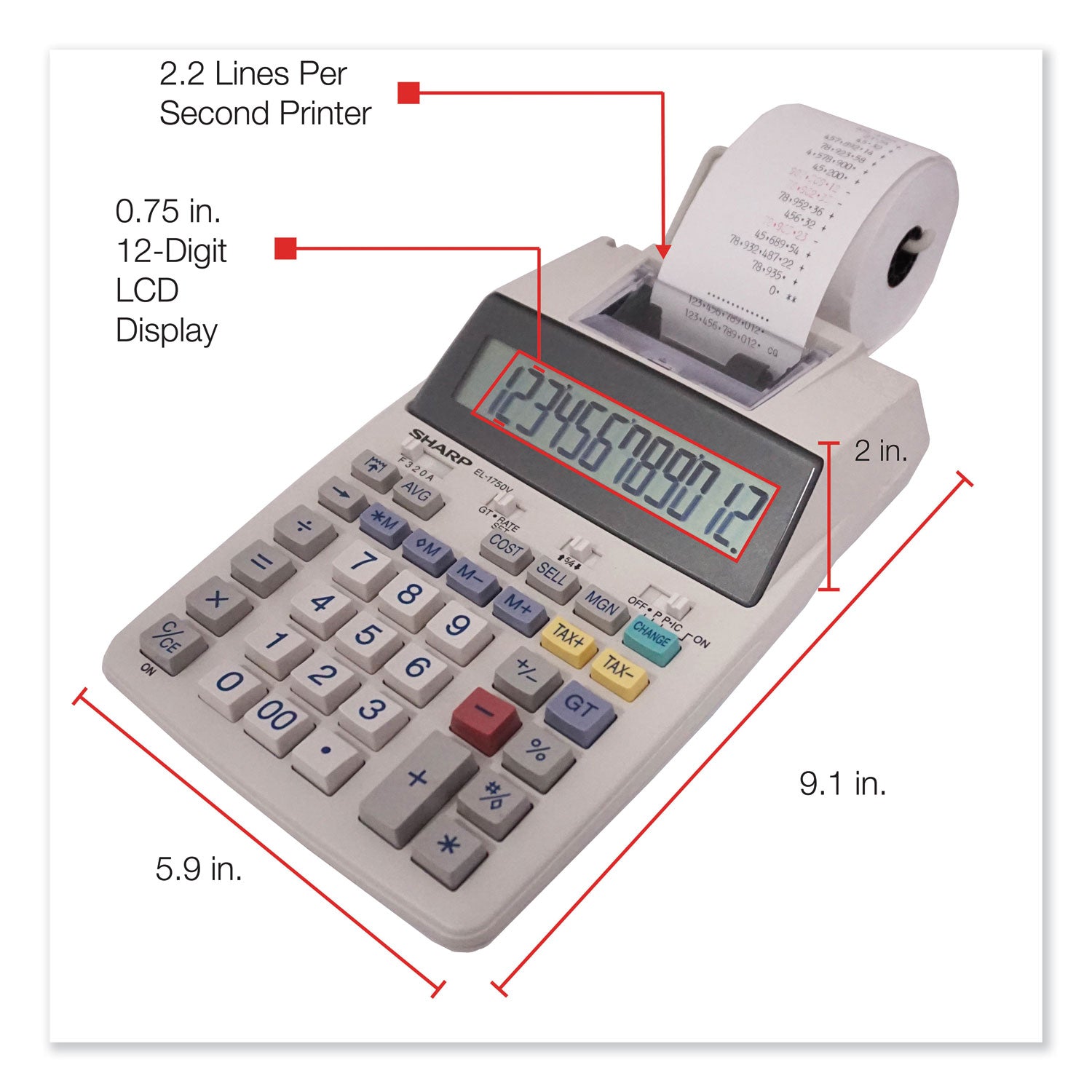 Sharp® El-1750v Two-Color Printing Calculator, Black/red Print, 2 Lines/sec