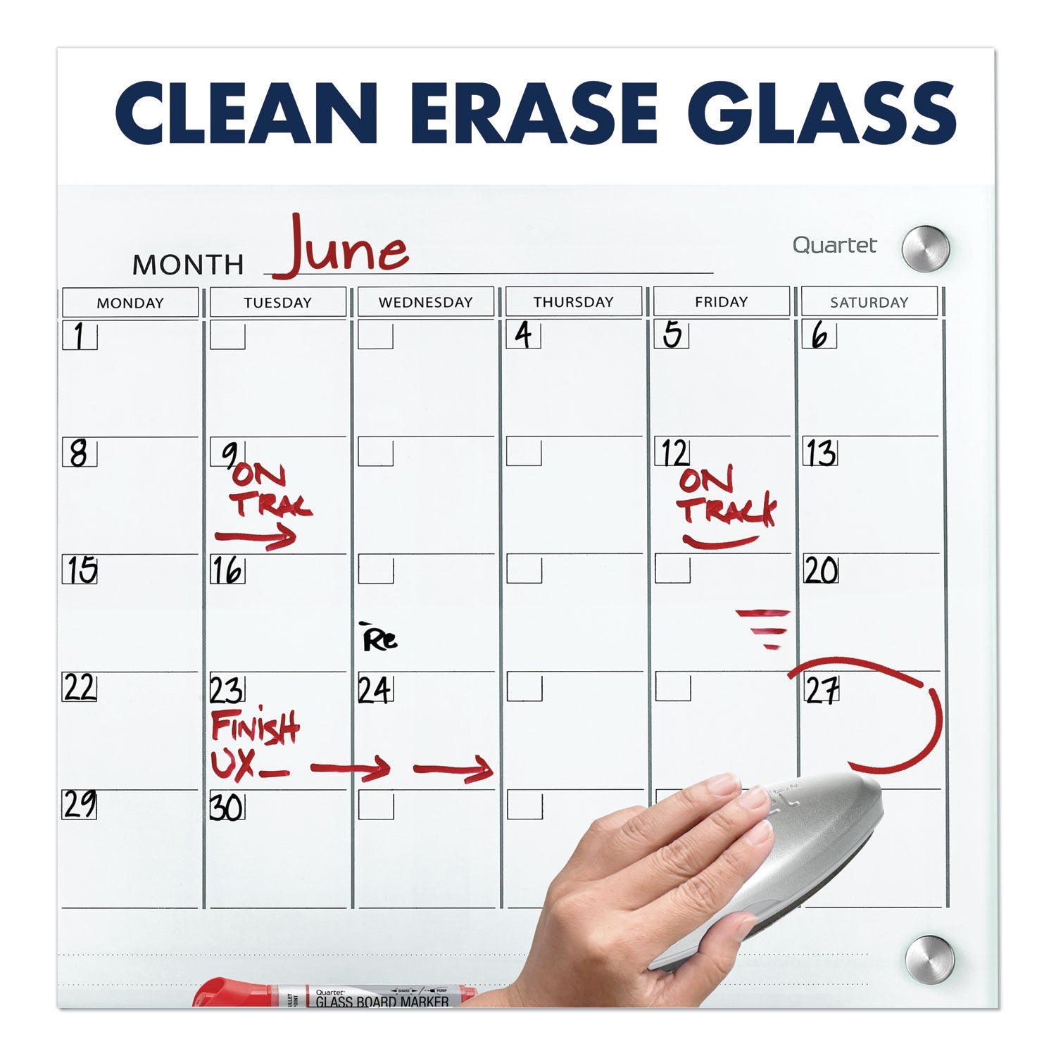 Quartet® Infinity Magnetic Glass Calendar Board, Monthly Planning/Scheduling, 48" x 36", White Surface