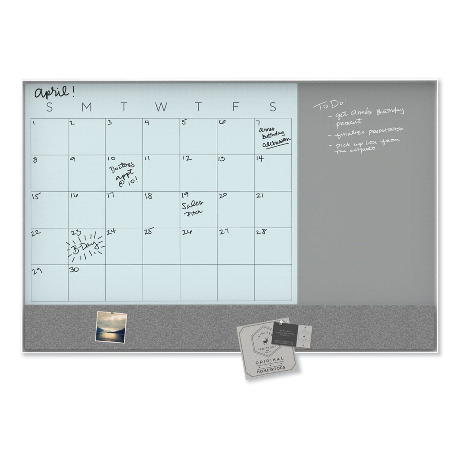 U Brands 3N1 Magnetic Glass Dry Erase Combo Board, Monthly Planning, 36 x 24 (Actual Size: 35" x 23"), Gray/White Surface, White Frame