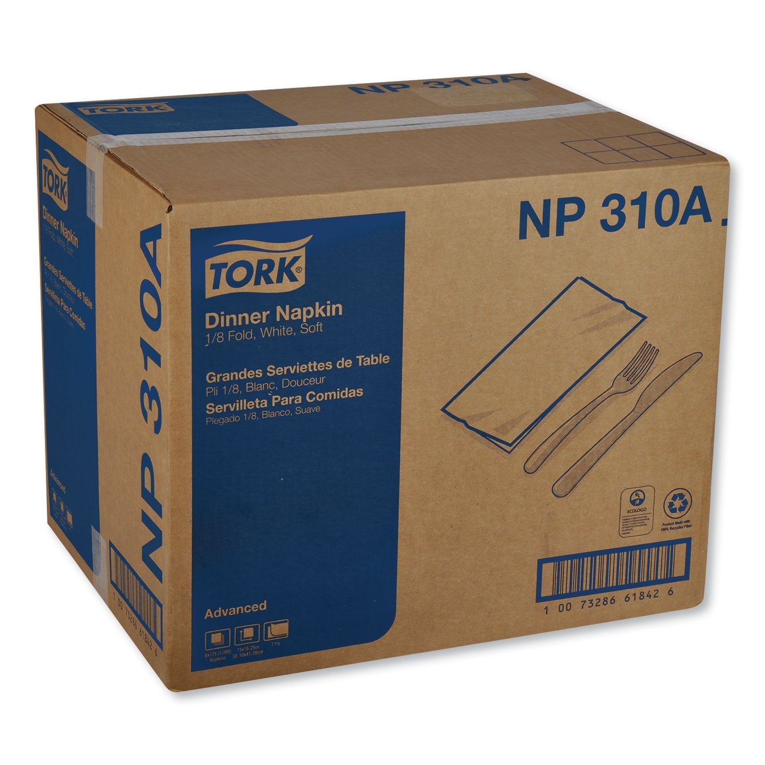 Tork® Advanced Dinner Napkins, 2 Ply, 15" X 16.25", 1/8 Fold, White, 375/packs, 8 Packs/carton