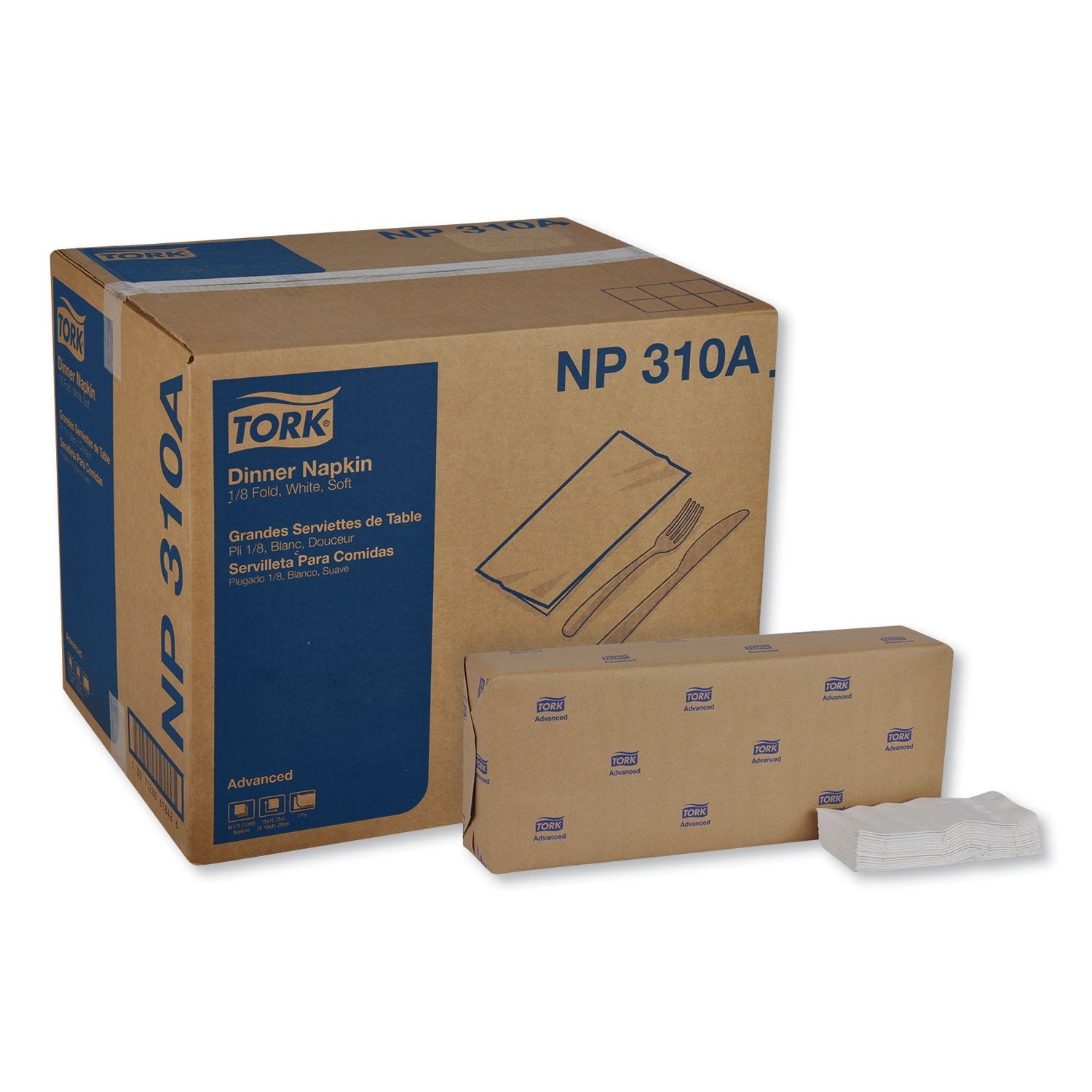 Tork® Advanced Dinner Napkins, 2 Ply, 15" X 16.25", 1/8 Fold, White, 375/packs, 8 Packs/carton