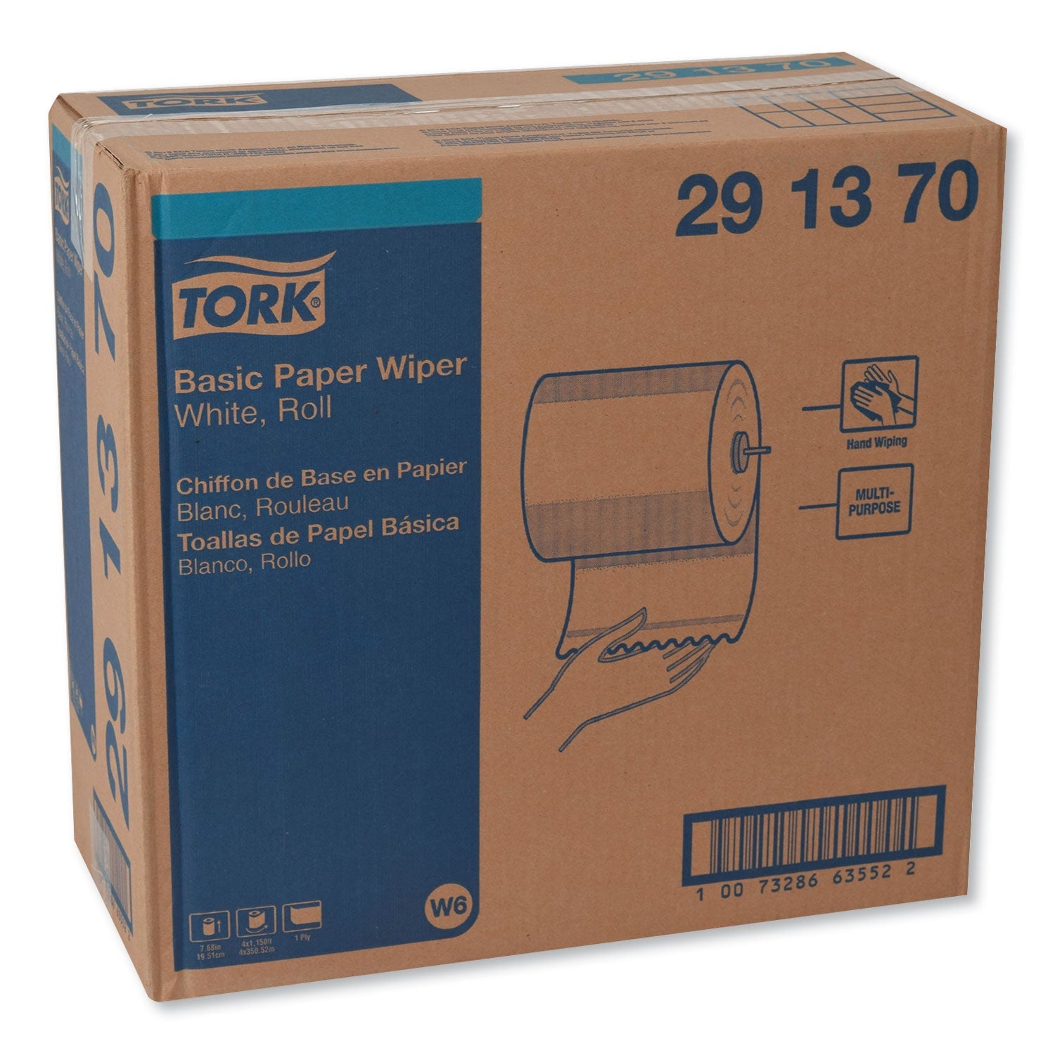 Tork® Basic Paper Wiper Roll Towel, 1-Ply, 7.68" x 1,150 ft, White, 4 Rolls/Carton