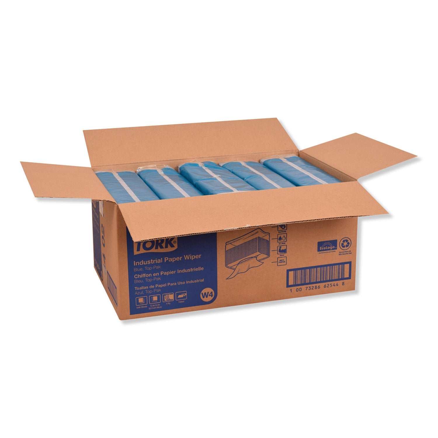 Tork® Industrial Paper Wiper, 4-Ply, 12.8 x 16.4, Unscented, Blue, 90/Pack, 5 Packs/Carton
