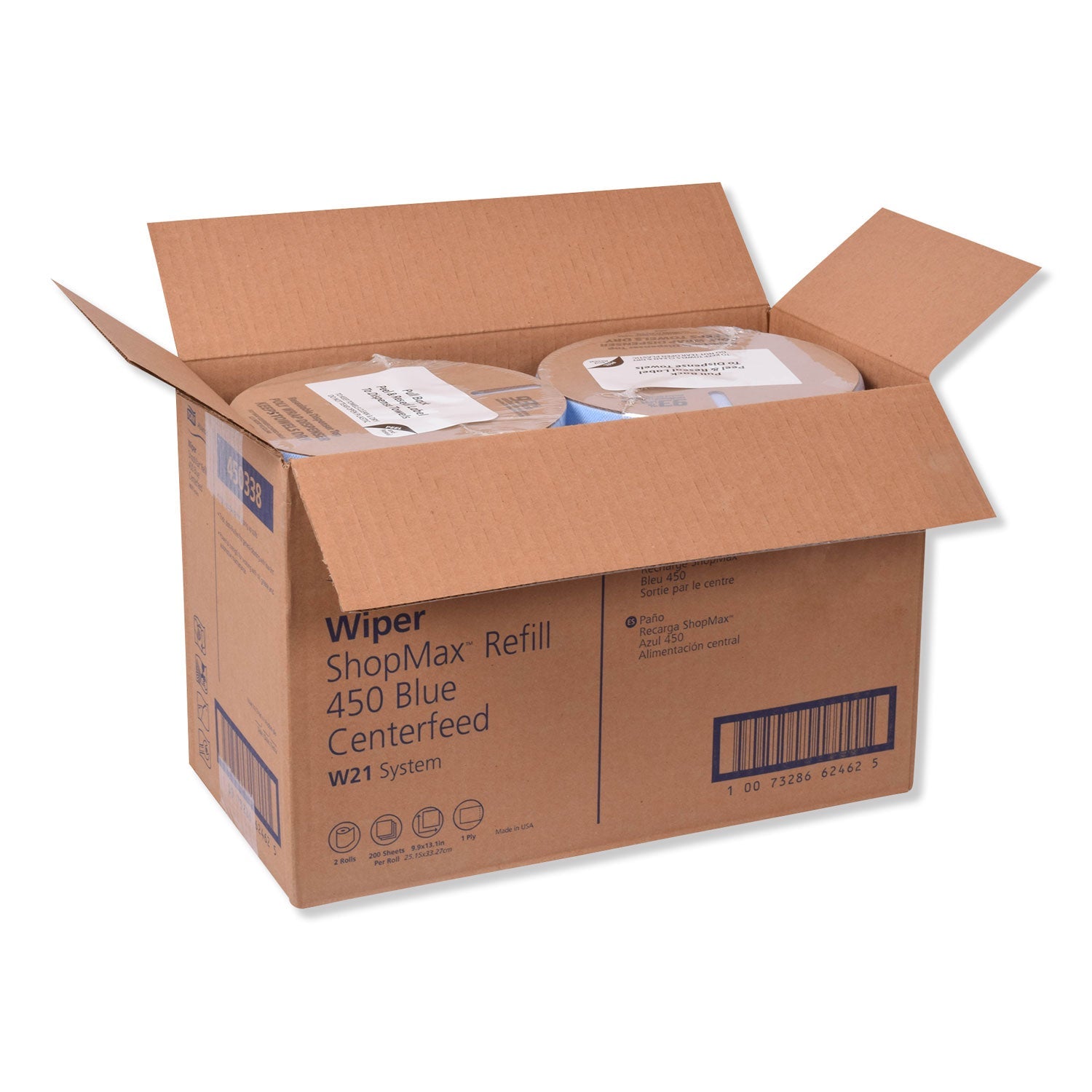 Tork® Advanced ShopMax Wiper 450, Centerfeed Refill, 9.9 x 13.1, Blue, 200/Roll, 2 Rolls/Carton