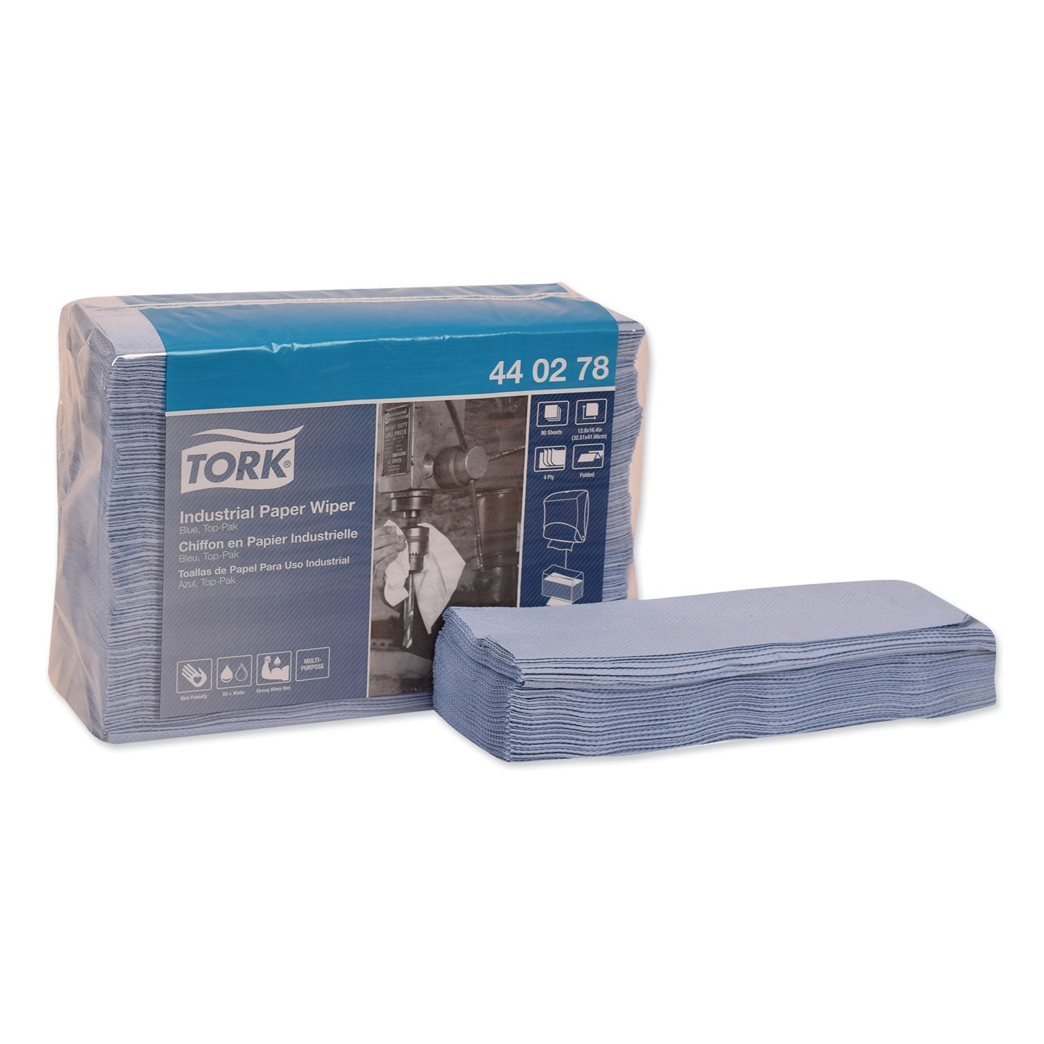 Tork® Industrial Paper Wiper, 4-Ply, 12.8 x 16.4, Unscented, Blue, 90/Pack, 5 Packs/Carton