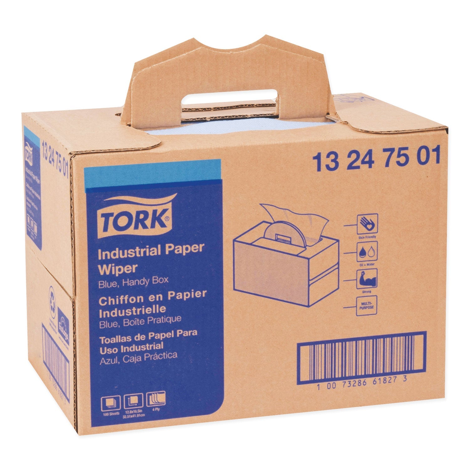 Tork® Industrial Paper Wiper, 4-Ply, 12.8 x 16.5, Unscented, Blue, 180/Carton