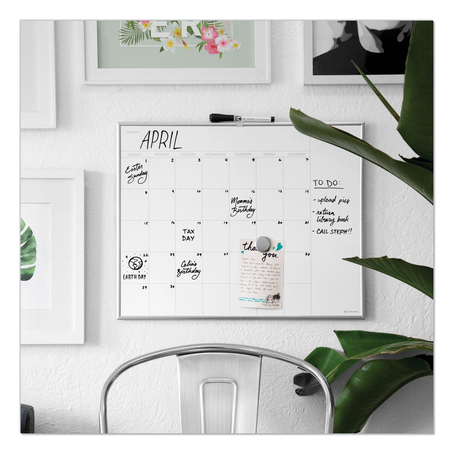 U Brands Magnetic Dry Erase Board, Monthly Planning/Scheduling Calendar, 20" x 16", White Surface, Satin Aluminum Frame