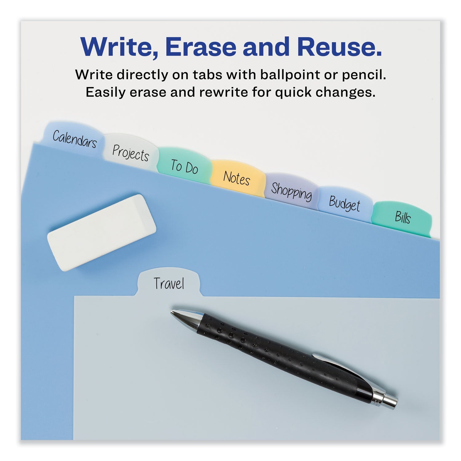 Avery® Write and Erase Big Tab Durable Plastic Dividers, 3-Hole Punched, 8-Tab, 11 x 8.5, Assorted, 1 Set