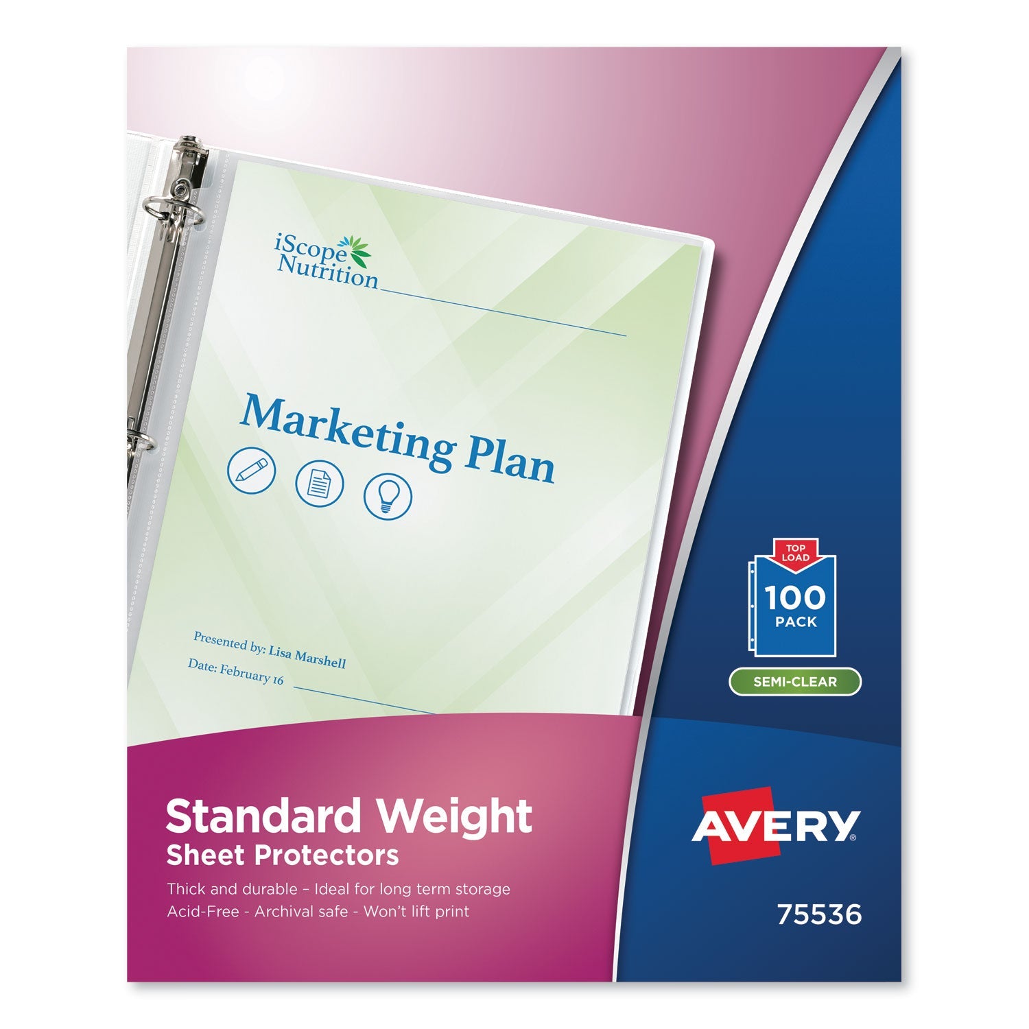 Avery® Top-Load Sheet Protector, Standard, Letter, Semi-Clear, 100/box