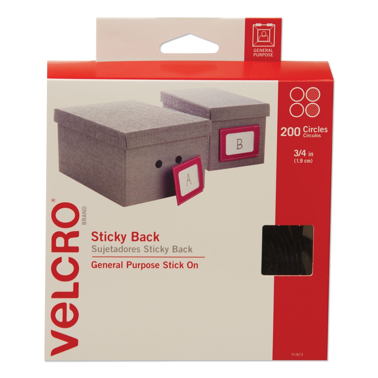 VELCRO® Brand Sticky-Back Fasteners, Removable Adhesive, 0.75" Dia, Black, 200/box