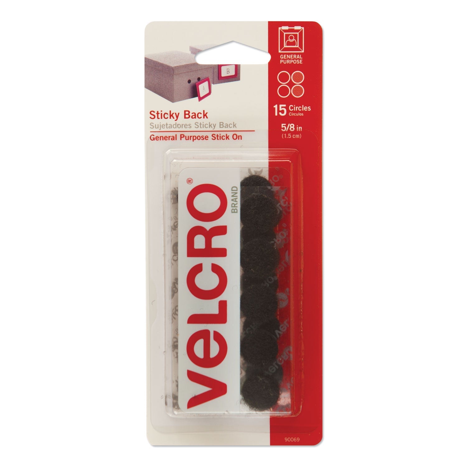 VELCRO® Brand Sticky-Back Fasteners, Removable Adhesive, 0.63" Dia, Black, 15/pack