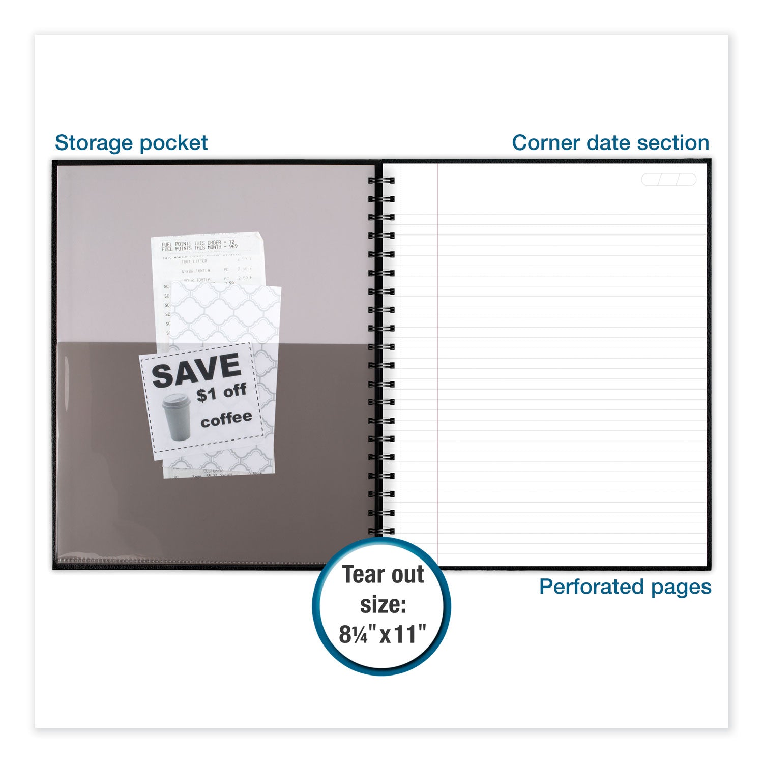 Cambridge® Limited Hardbound Notebook with Pocket, 1-Subject, Wide/Legal Rule, Black Cover, (96) 11 x 8.5 Sheets