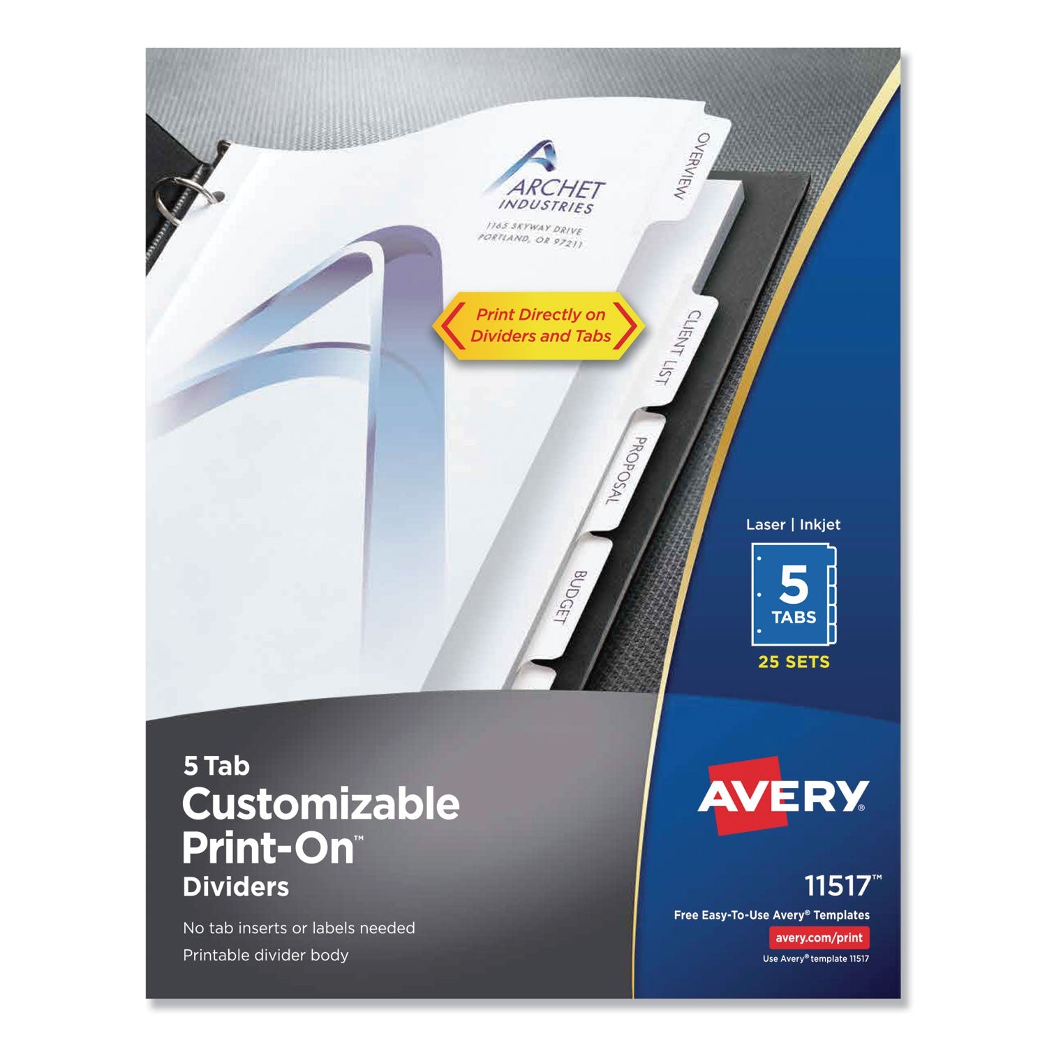 Avery® Customizable Print-On Dividers, 3-Hole Punched, 5-Tab, 11 x 8.5, White, 25 Sets