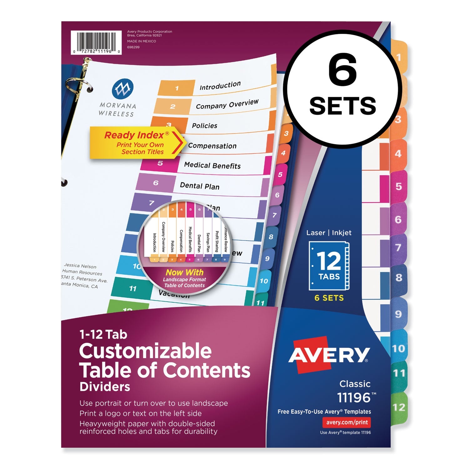 Avery® Customizable TOC Ready Index Multicolor Tab Dividers, 12-Tab, 1 to 12, 11 x 8.5, White, Traditional Color Tabs, 6 Sets