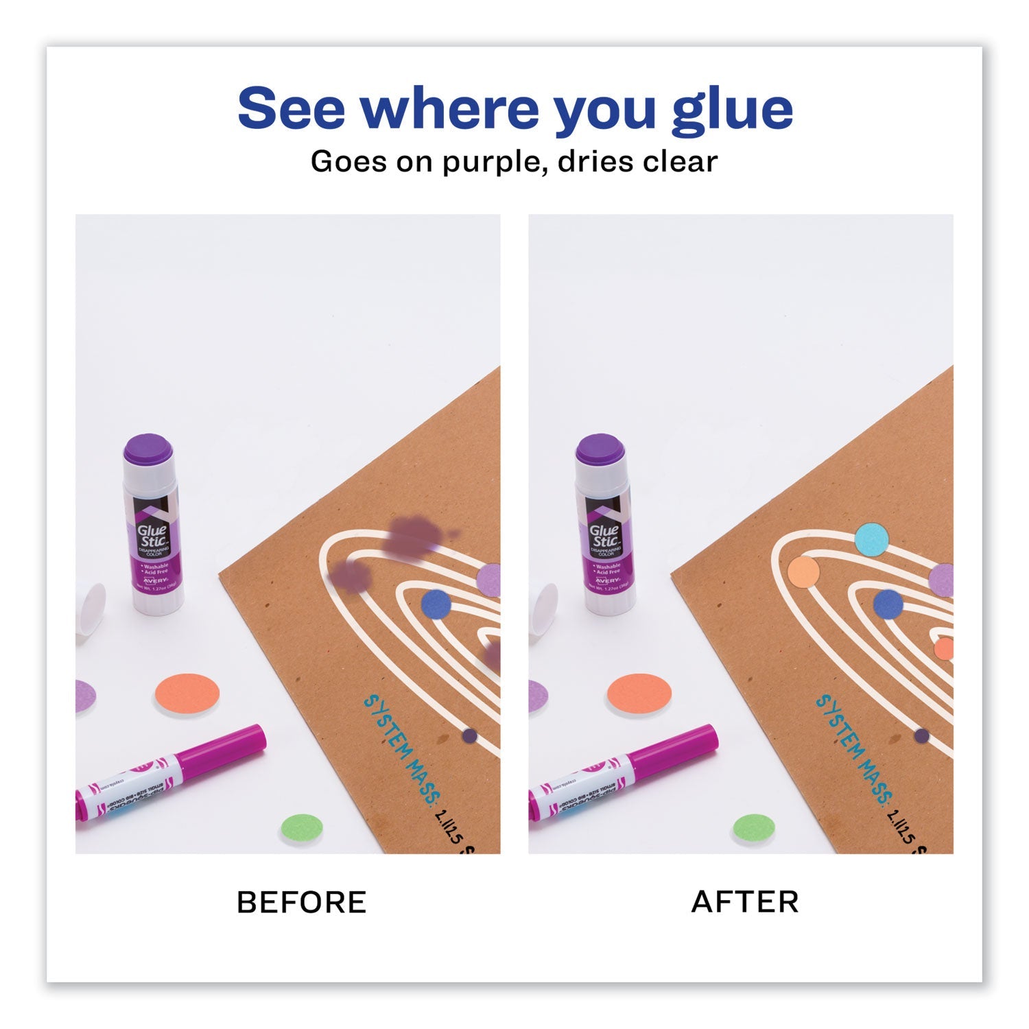Avery® Permanent Glue Stic Value Pack, 1.27 Oz, Applies Purple, Dries Clear, 6/pack