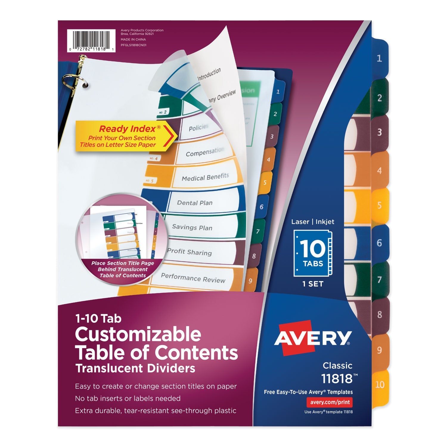 Avery® Customizable Table Of Contents Ready Index Dividers With Multicolor Tabs, 10-Tab, 1 To 10, 11 X 8.5, Translucent, 1 Set