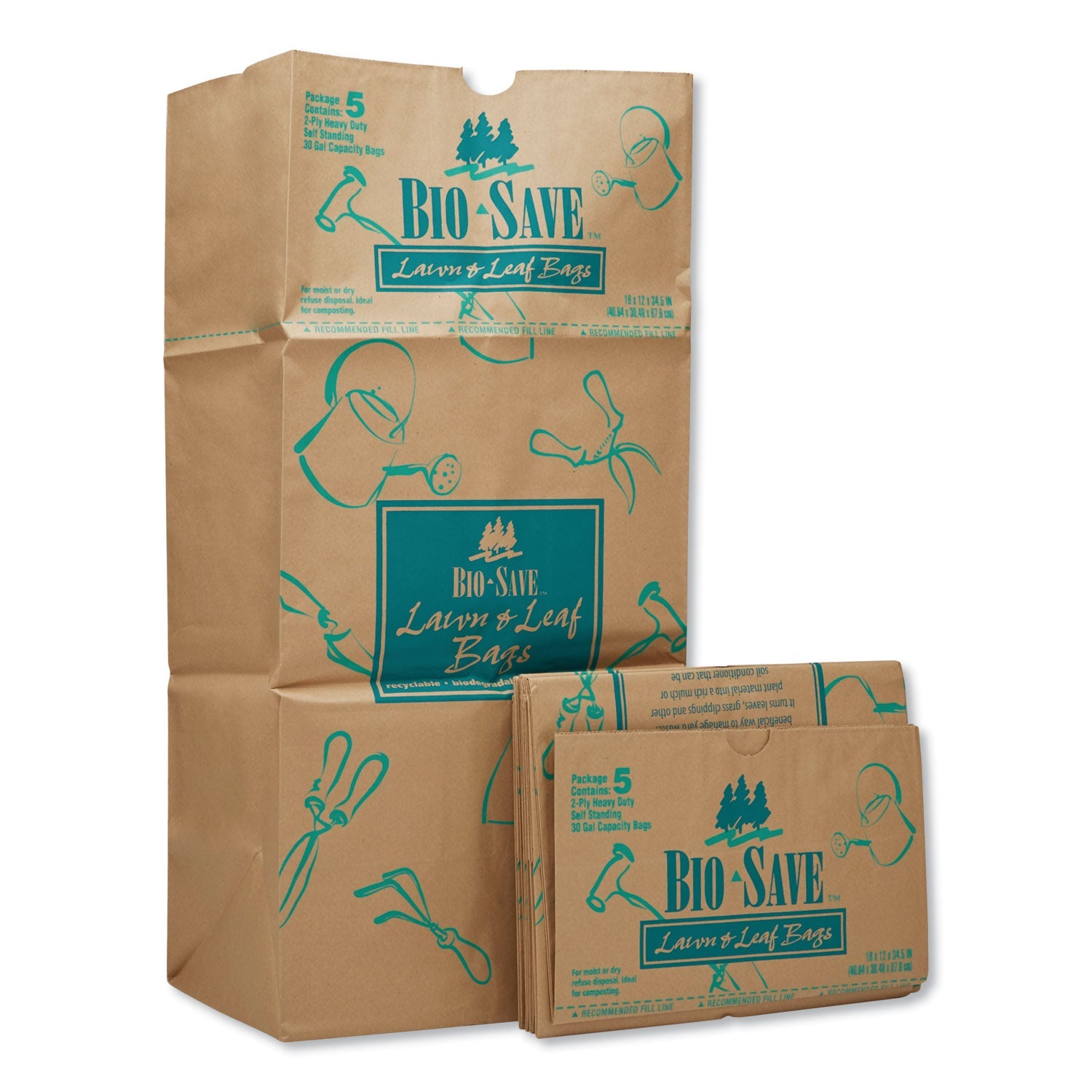 General Lawn/Leaf Bags, Self-Standing, Open-Face, 30 gal, 16" x 35", Kraft, 50/Box