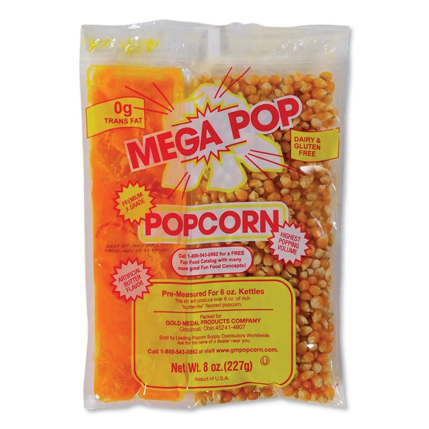 Gold Medal Mega Pop Popcorn, Butter, 8 Oz Bag, 36 Bags/carton