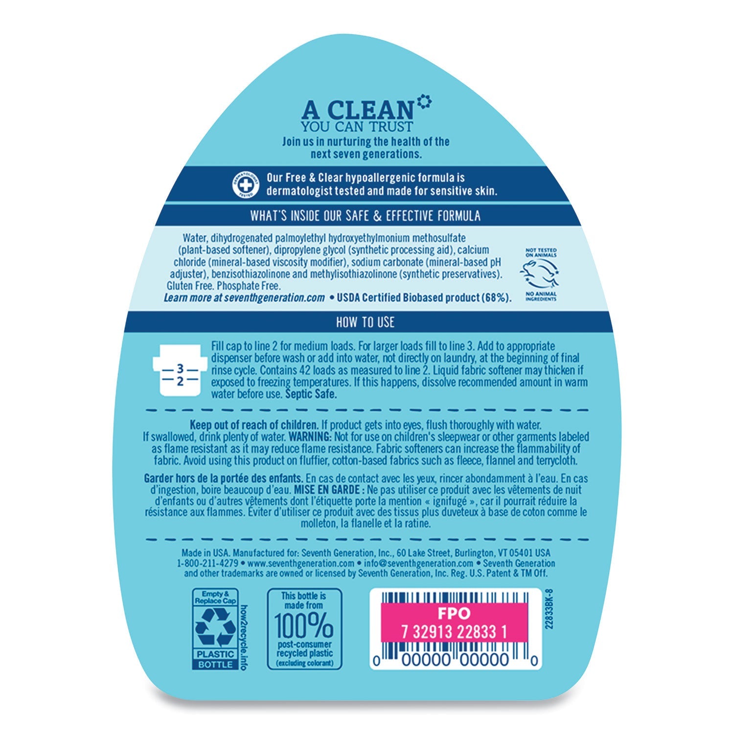 Seventh Generation® Natural Liquid Fabric Softener, Free And Clear, 42 Loads, 32 Oz Bottle, 6/carton