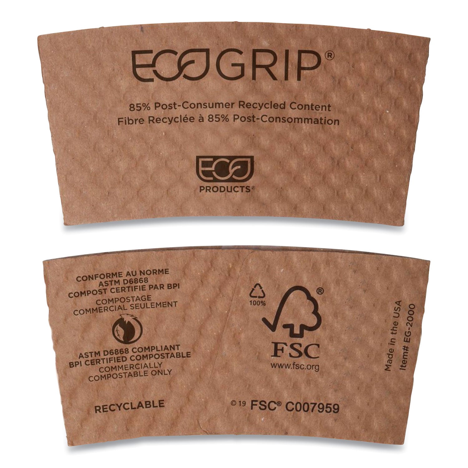 Eco-Products® Ecogrip Hot Cup Sleeves - Renewable And Compostable, Fits 12, 16, 20, 24 Oz Cups, Kraft, 1,300/carton