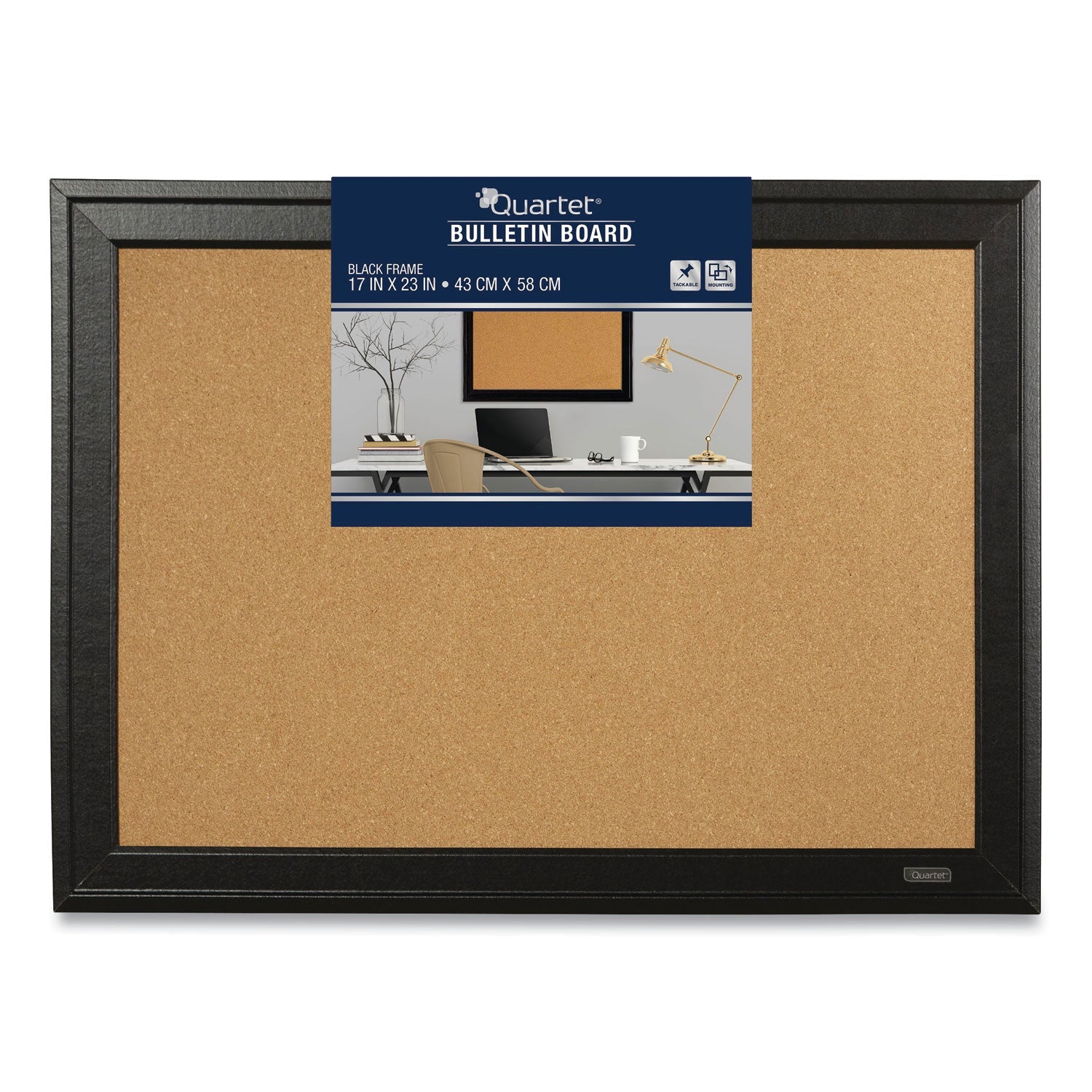 Quartet® Cork Bulletin Board with Black Frame, 23" x 17", Tan Surface, Black Fiberboard (MDF) Frame